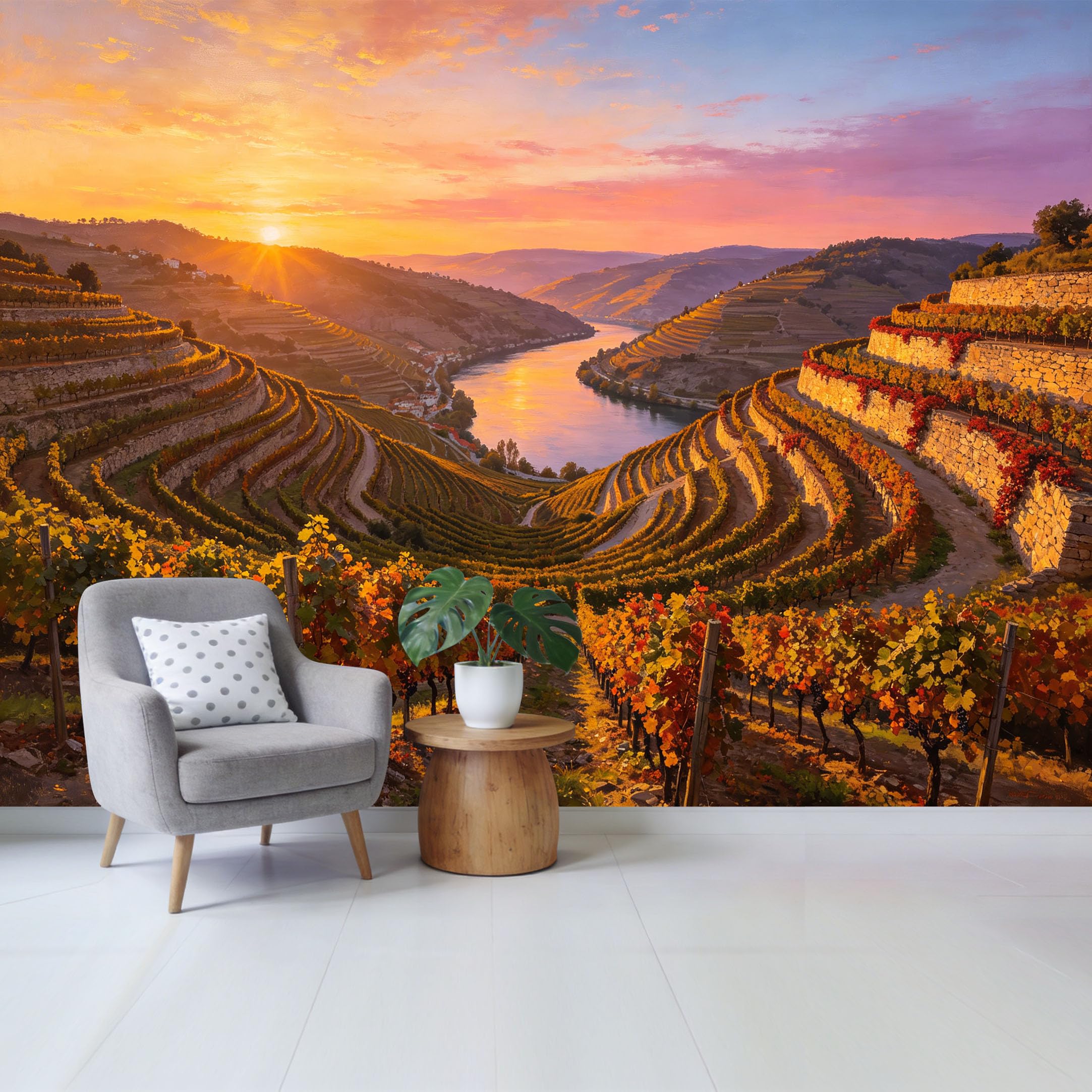 Custom Size Wall Mural Sunset Vineyard Landscape River Valley View Removable Self Adhesive Fabric Home Wall Decor for Living Room Bedroom Bathroom