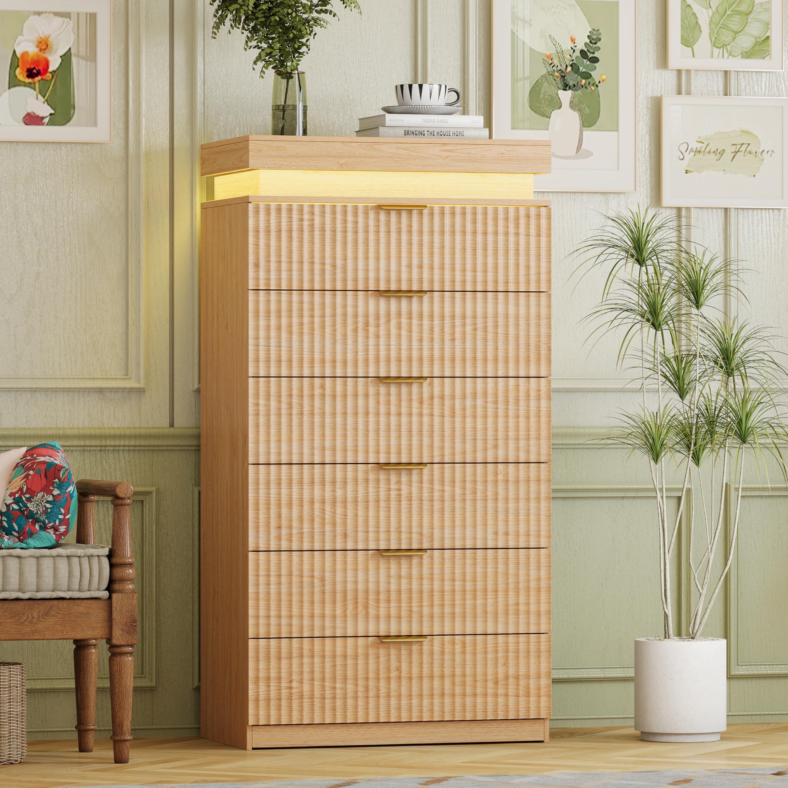 Tall 6 Drawer Dresser LED Lights &amp; Charging Station Natural Oak