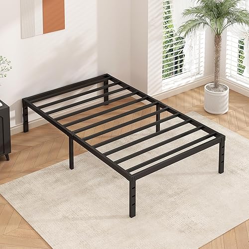 Miniatura 8 de Base de cama metálica de plataforma de 14 pulgadas de altura, no necesita somier, base de cama tamaño individual con listones de soporte resistentes