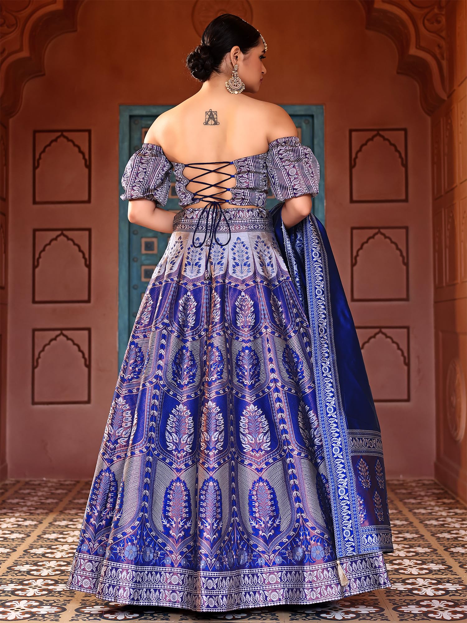 PURVAJA Lehenga Choli damski zestaw ze sztucznego jedwabiu, półszyty