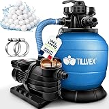 tillvex® Système de Filtre à Sable 13 200L/h jusqu'à 40 000L + 1200g Boules Filtre | 7 Fonctions & Adaptateur 2en1 Ø32-38mm | Filtre piscine & indicateur de pression (Bleu, Avec minuterie) - 1