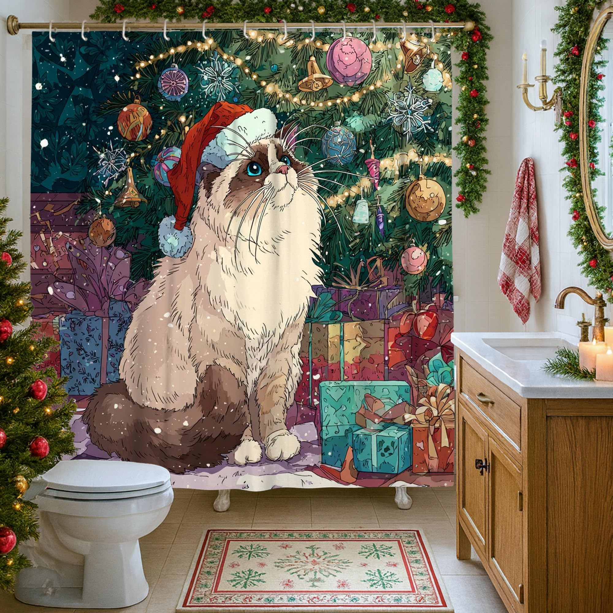 Rideau de douche chat de Noël 183x183 cm en tissu imperméable avec crochets