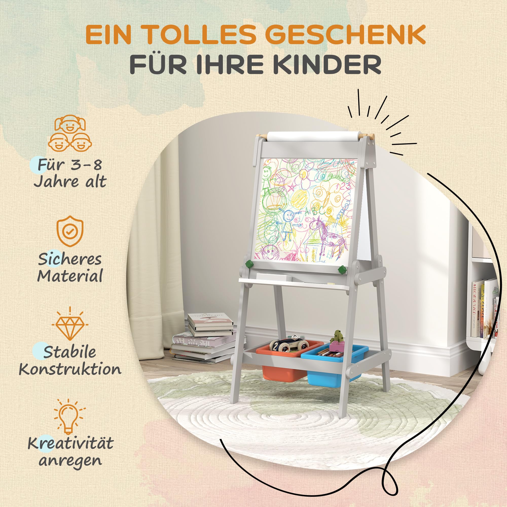AIYAPLAY Tablica dziecięca 3 w 1, dwustronna sztaluga dla dzieci z tablicą do pisania kredą, suchościeralnością, sztaluga z gumką do ścierania, papier do rysowania, pudełka do przechowywania, dla