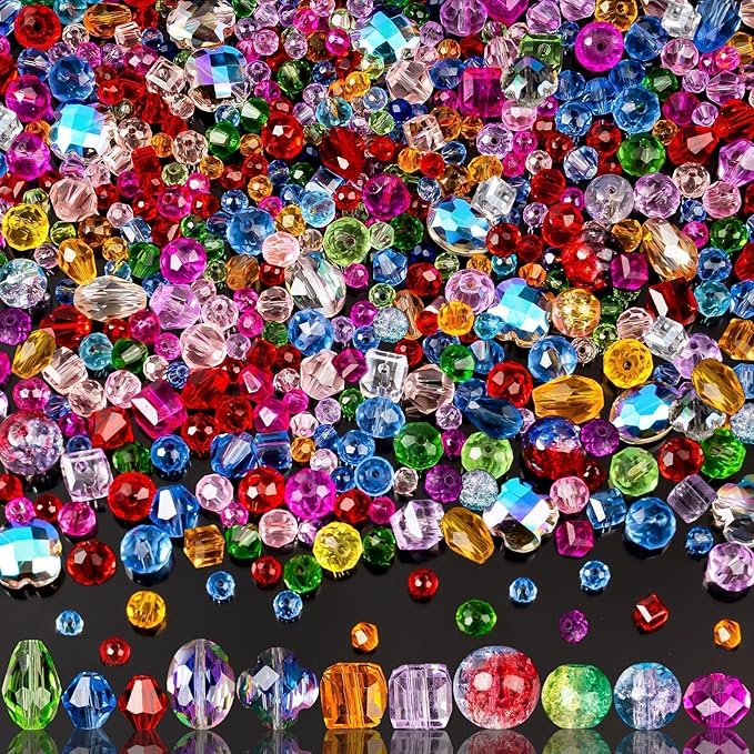 OuMuaMua 636pcs Glass Beads for Jewelry Making, Loose Sparkly Beads Hole Drilled DIY for Bracelets Craft Earrings Making, Colorful Rainbow Crystal Beads