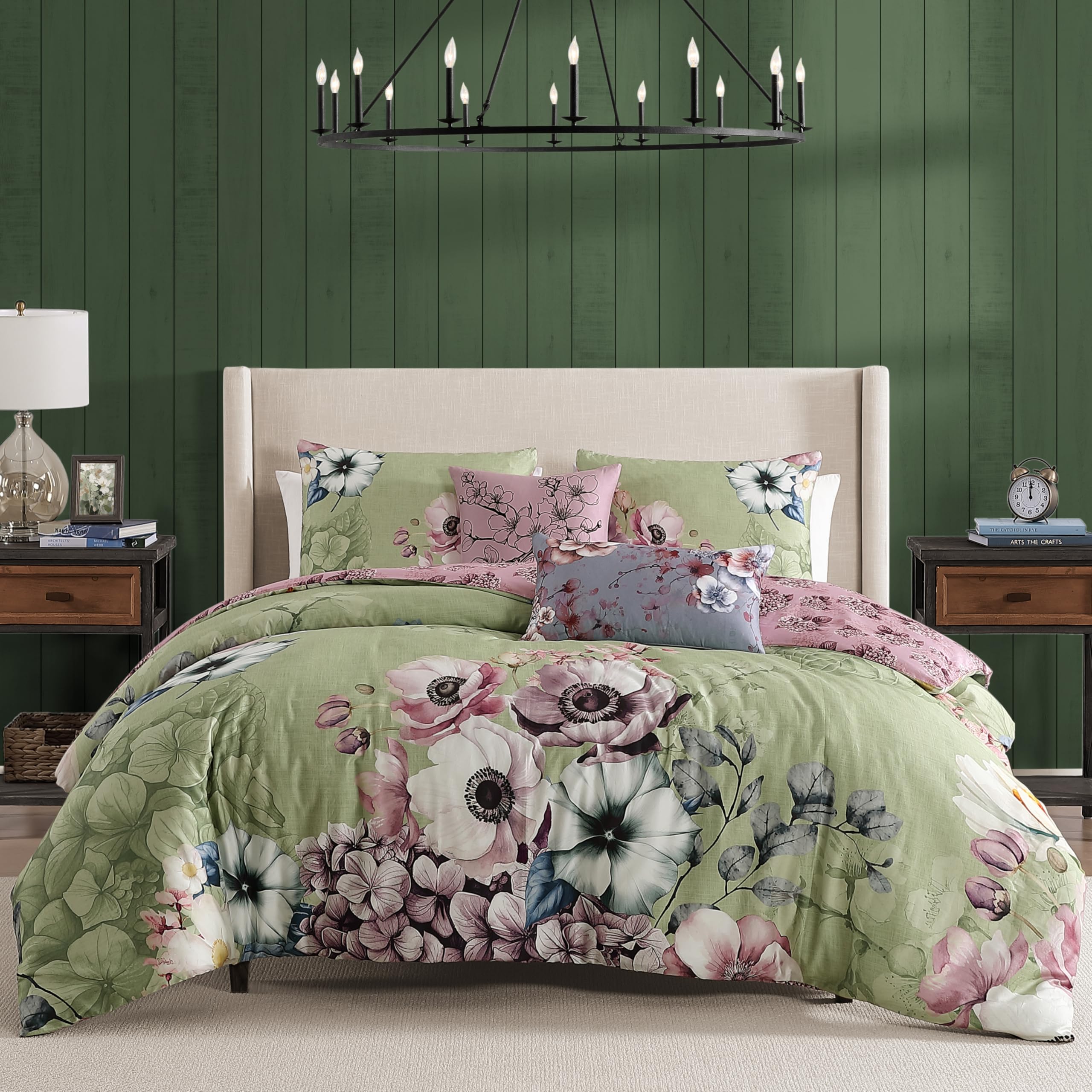 Bebejan Lilac Cascade 5 Piece Comforter Set, 100% Cotton Sateen, 220 Thread Count, Green Reversible Bedding Comforter Set, 1 Comforter, 2 Shams & 2