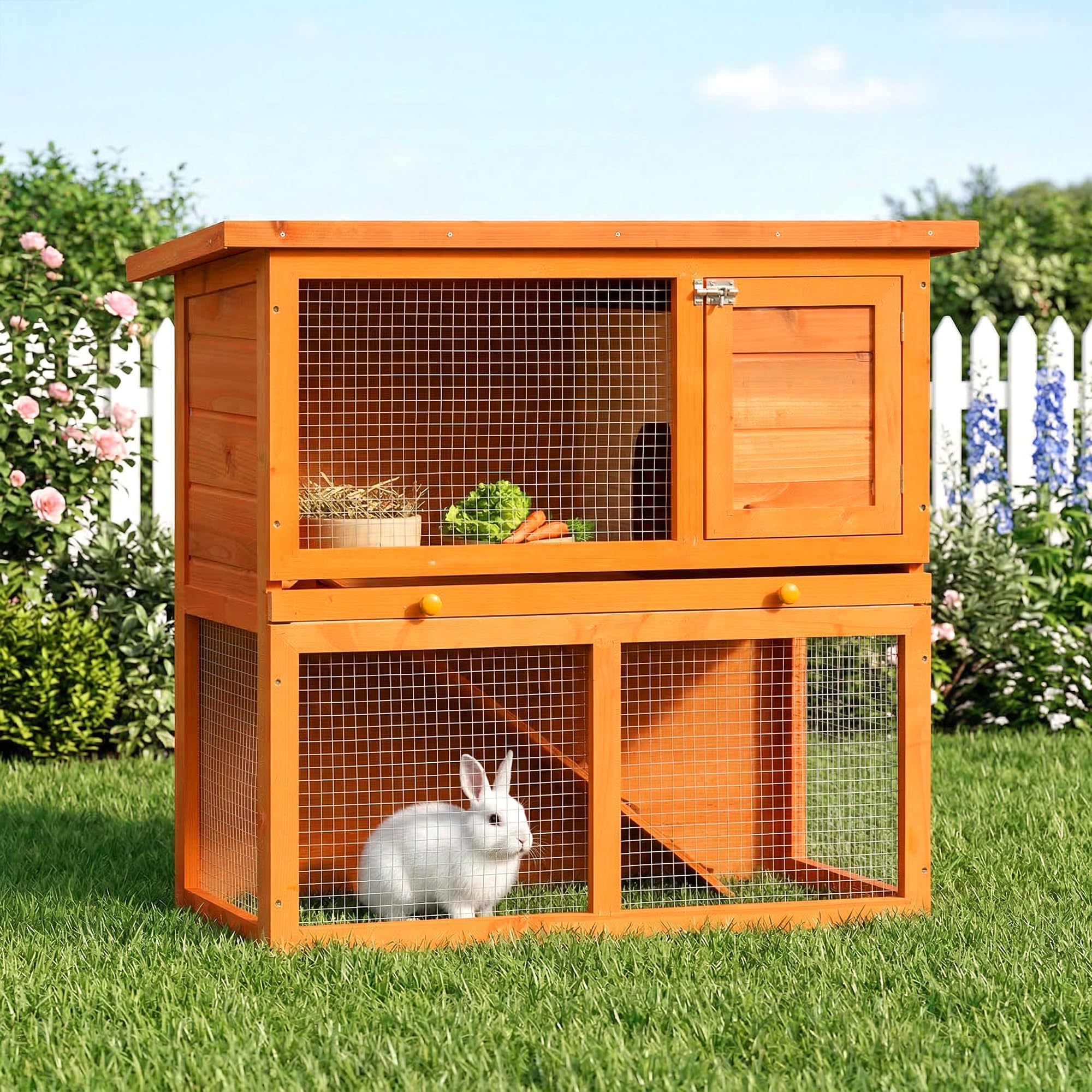 PawHut Hasenstall 2 Etagen Kaninchenstall aus Holz 90x45x80 cm Kaninchenkäfig mit wetterfest aufklappbar Bitumendach Freilaufgehege Rampe Tür Bodenwanne Hasenkäfig für Zwergkaninchen Outdoor Orange