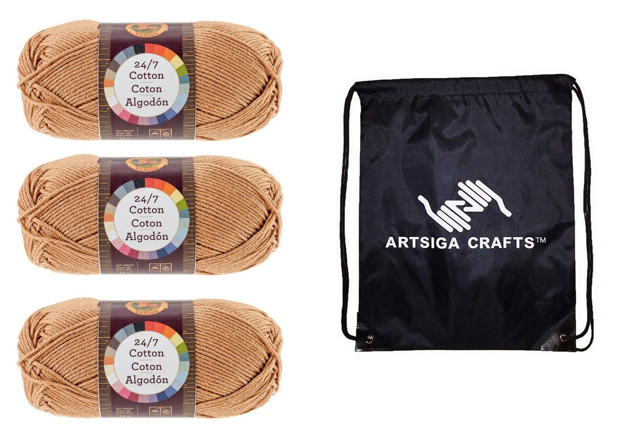 Lion Brand Yarn 24/7 Cotton Camel 761-124 (3-Skeins - Same Dye Lot) Worsted Medium #4 Cotton for Crocheting and Knitting - Bundle with 1 Artsiga Crafts Project Bag