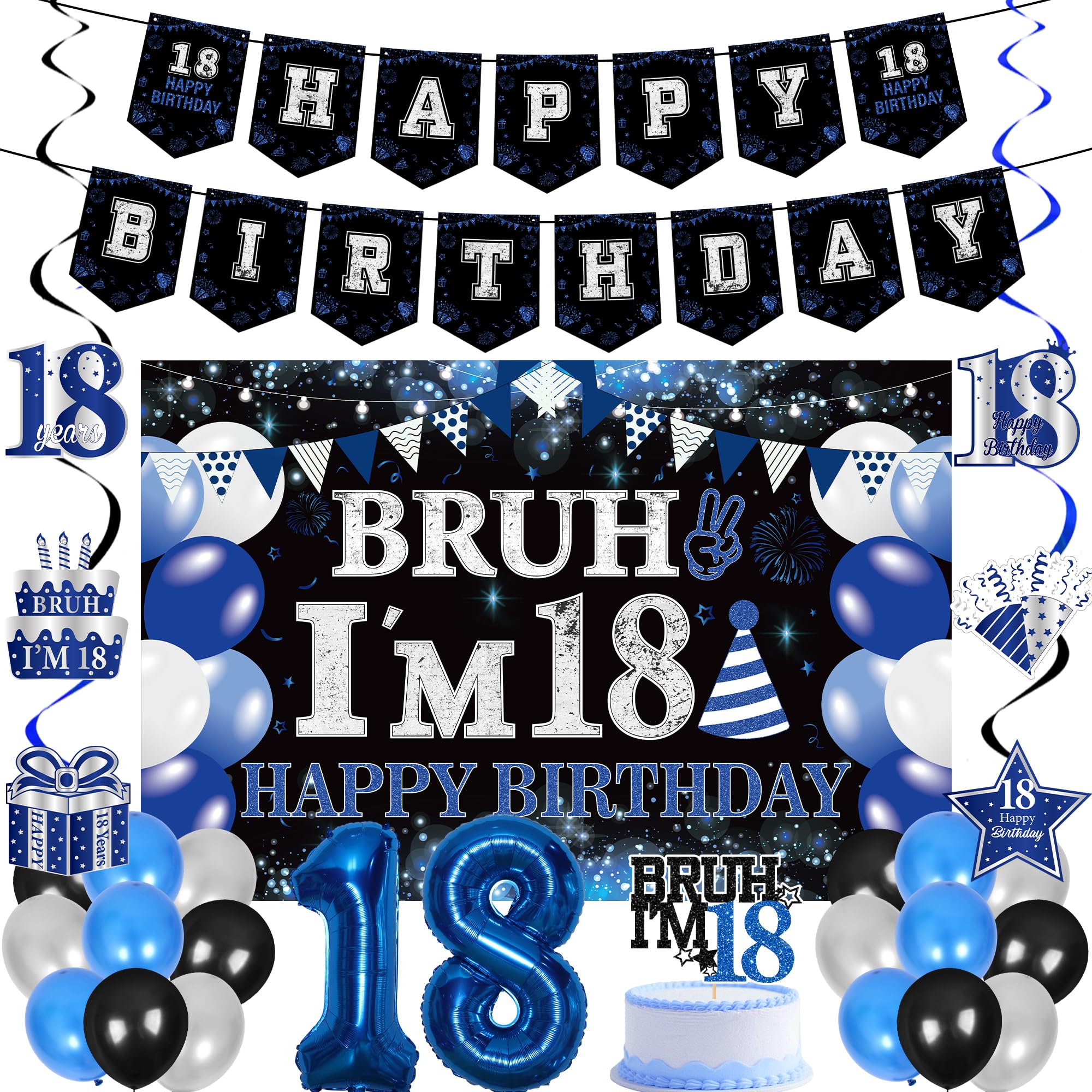 18th Birthday Decorations Banners Boys - 30 Pcs Black and Blue Happy Birthday Banner Set Bruh I'M 18 Background Curtain Number Foil Balloons Cake Topper Hanging Swirls for 18 Years Old Boy Party Decor