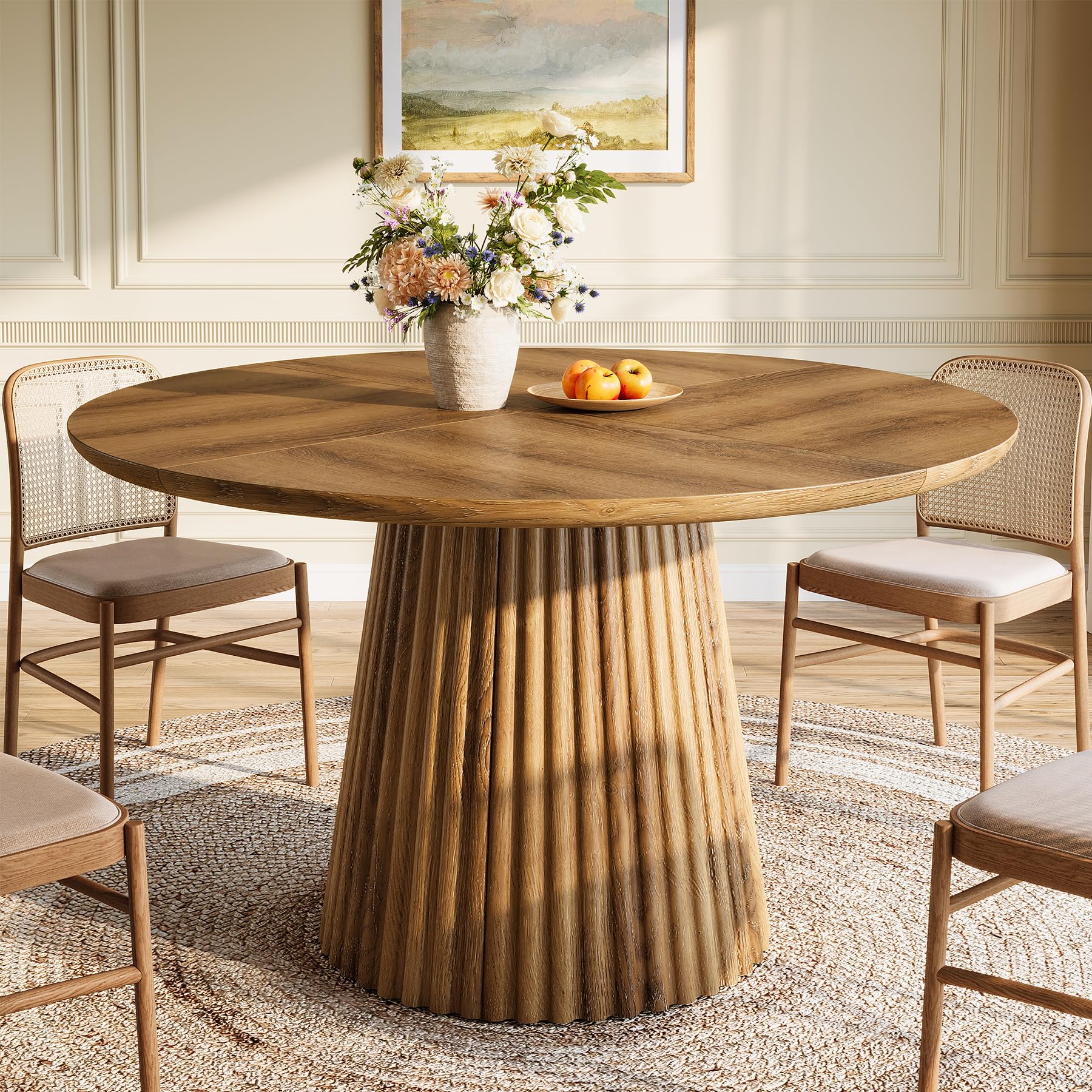 Tribesigns Mesa de Comedor Redonda de 120 cm para 4-6 Personas, Mesa de Cocina rústica de Madera con Base Acanalada para Comedor, Cocina o salón.
