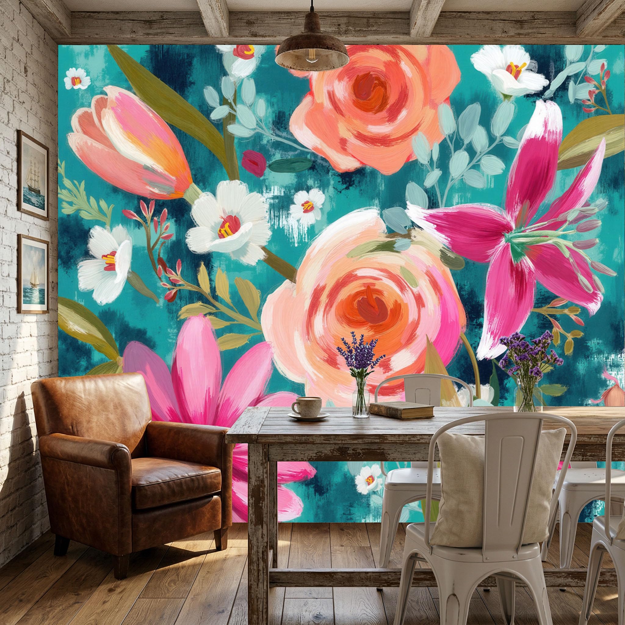 Papier peint panoramique 250x175cm roses tulipes bleu-vert salon chambre