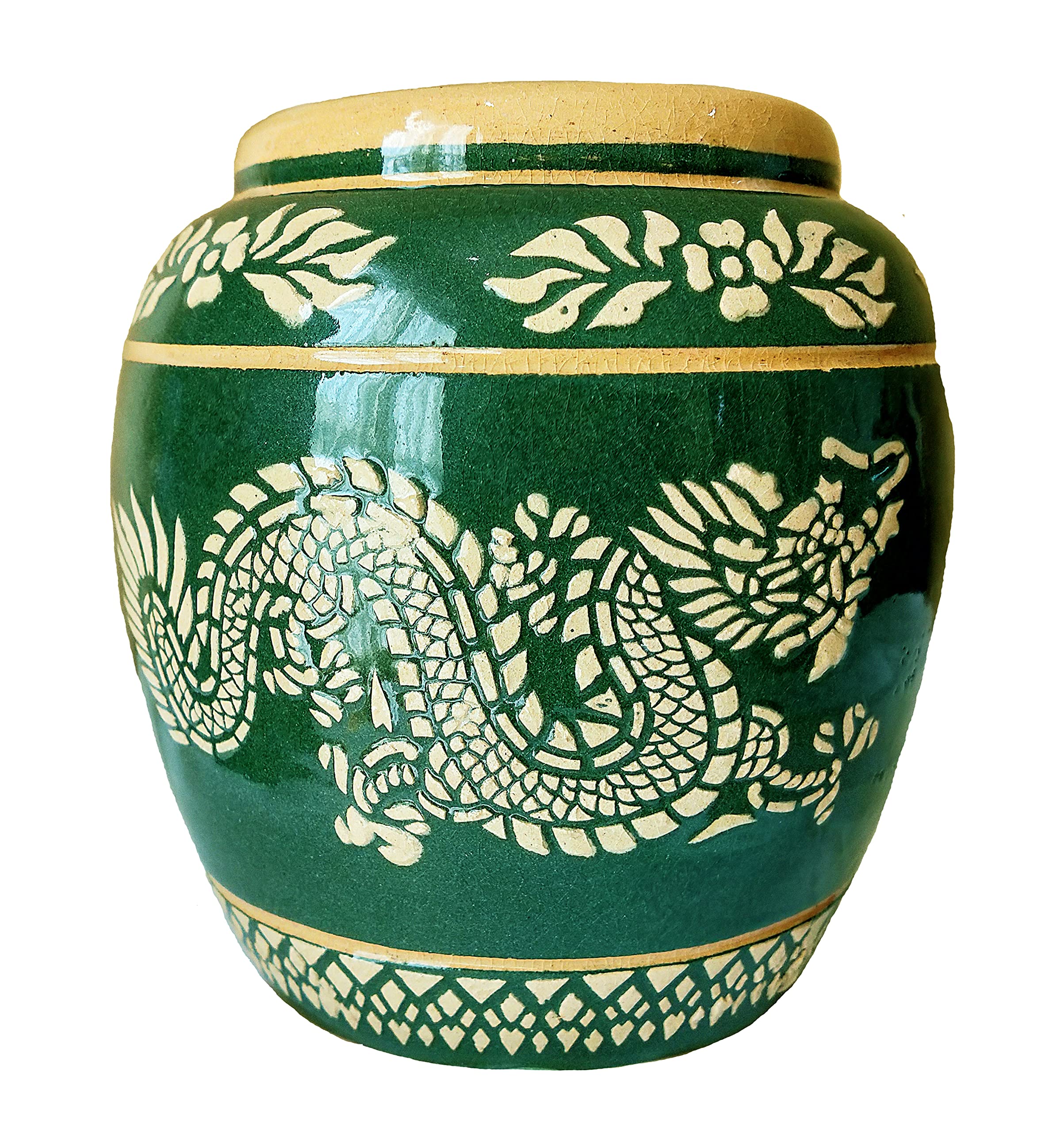 (Green, W.10 x L.10 x H.12 cm.) earthenware jar ceramic dragon pattern original Thai
