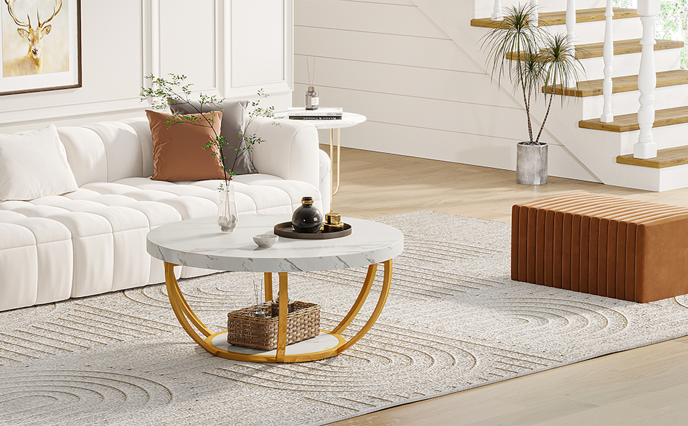 GOFLAME Round Coffee Table With Storage - 29.5" Wood Grain Top, 4 Open Shelves, Modern Accent Table For Living Room
