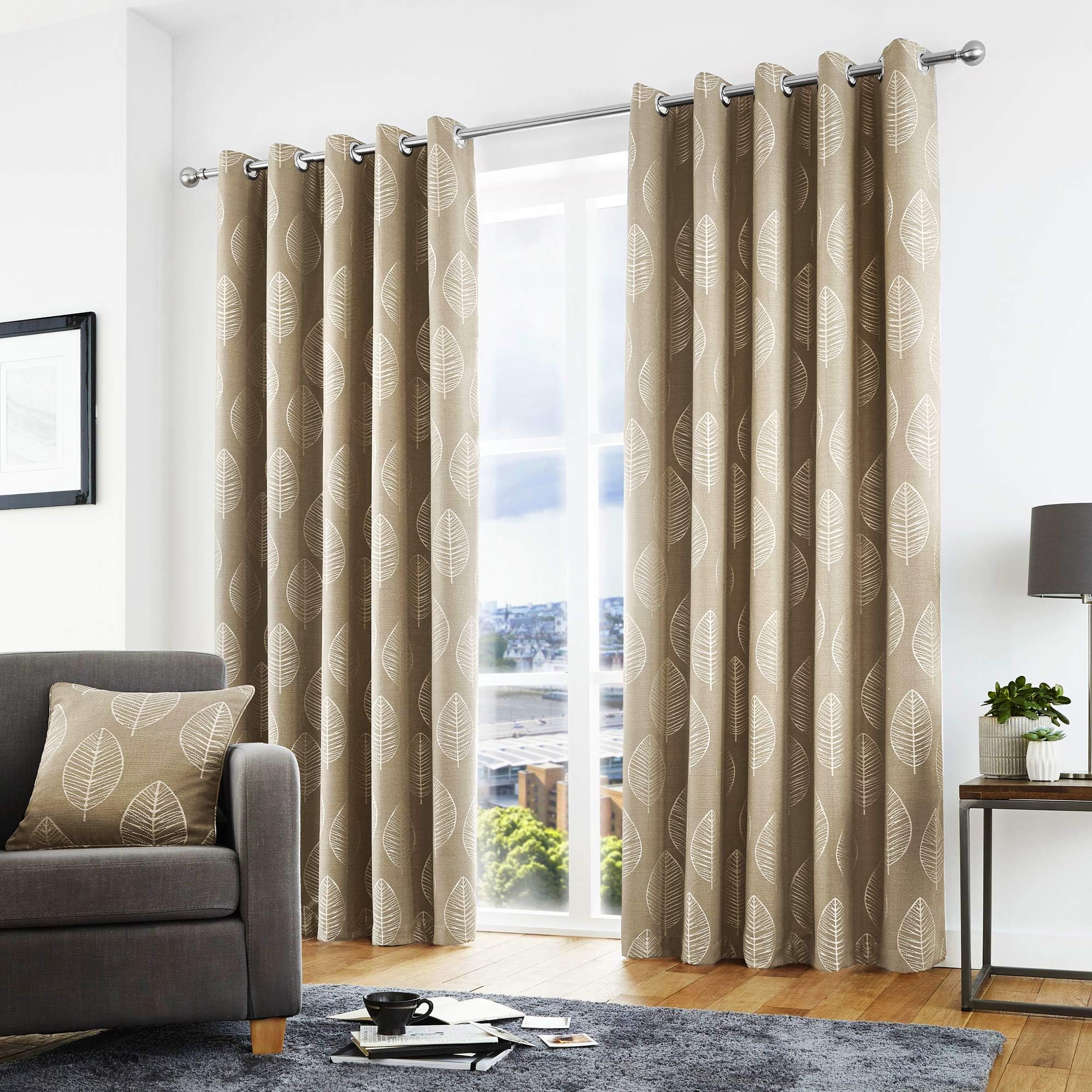 Curtina - Helsinki - Ready Made Lined Eyelet Curtains - 46" Width x 54" Drop (117 x 137cm) in Natural Beige