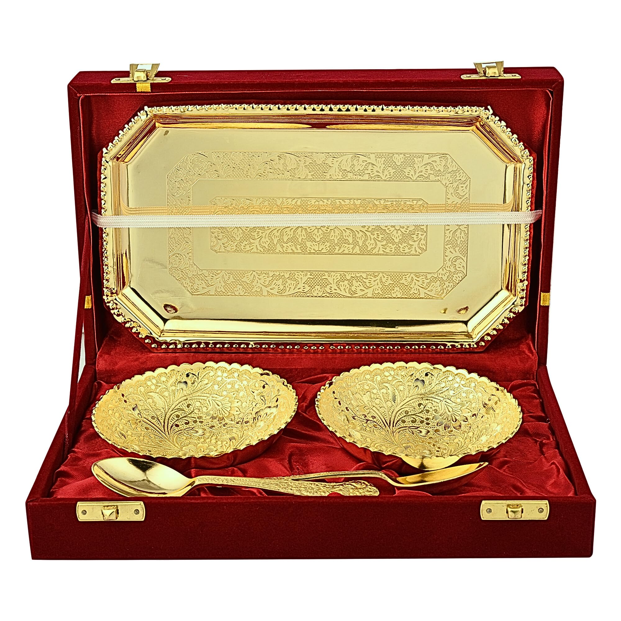 24K Gold Plated Brass Bowl Set of 2, Metal Home Decor, Wedding Anniversary Couple Showpiece Table Centerpiece, Diwali Gift for Employees, Corporate Clients - 4 Inch with Plate & Spoons, 400gms-image-47
