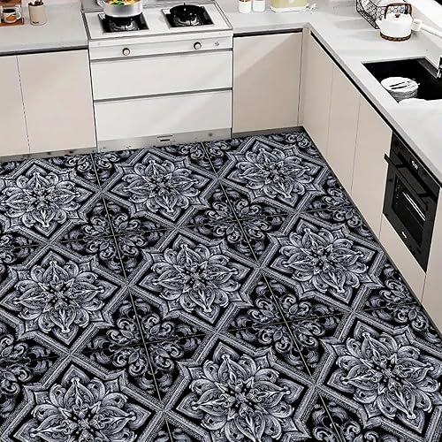 Miniatura 8 de Azulejos autoadhesivos de 12 x 12 pulgadas, color blanco y negro, tablones de vinilo para despegar y pegar, diseño floral barroco retro para cocina,