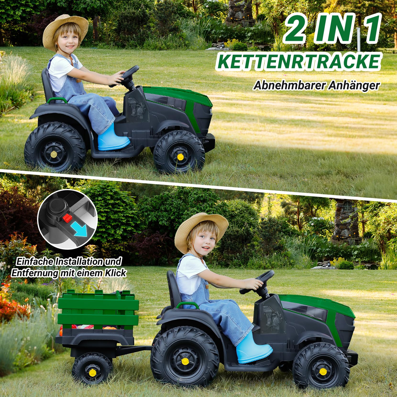 ELEMARA 24V 9AH Elektrischer Traktor für Kinder mit leicht abnehmbarem Anhänger, 400W Motoren Elektro Traktor, All-Terrain-Fähigkeit, Sicherheitsdesign mit 3-Punkt-Sicherheitsgurt für Alter 3+, Grün