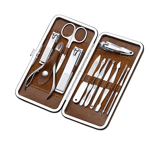 Miniatura 7 de FAMILIFE Juego de manicura, kit profesional de cortaúñas, 12 piezas de acero inoxidable, con estuche de viaje de cuero marrón, regalos de lujo para