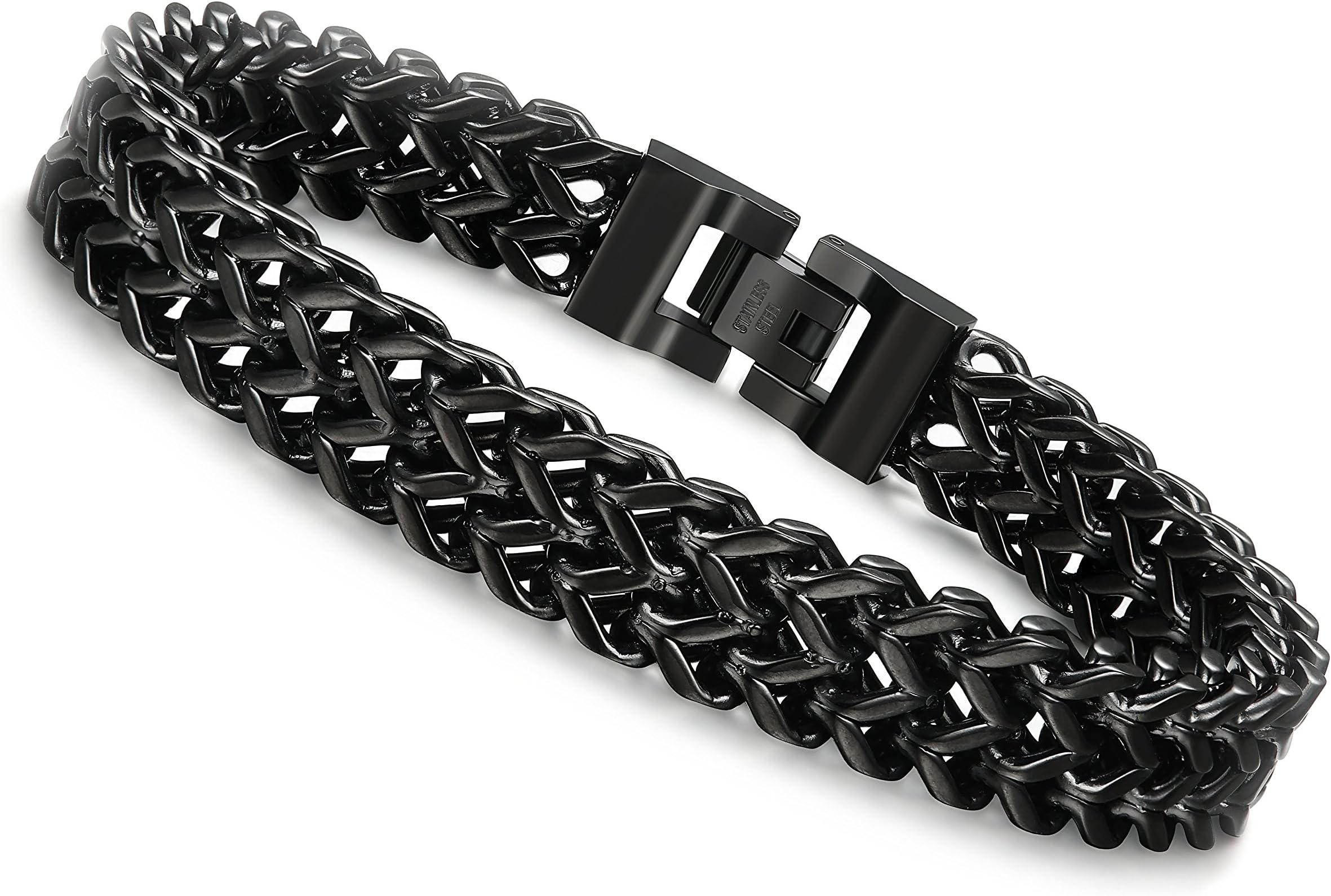 FIBO STEELStainless Steel 12MM Two-strand Wheat Chain Bracelet for Men Punk Biker Bracelet,8.0-9.1 inches