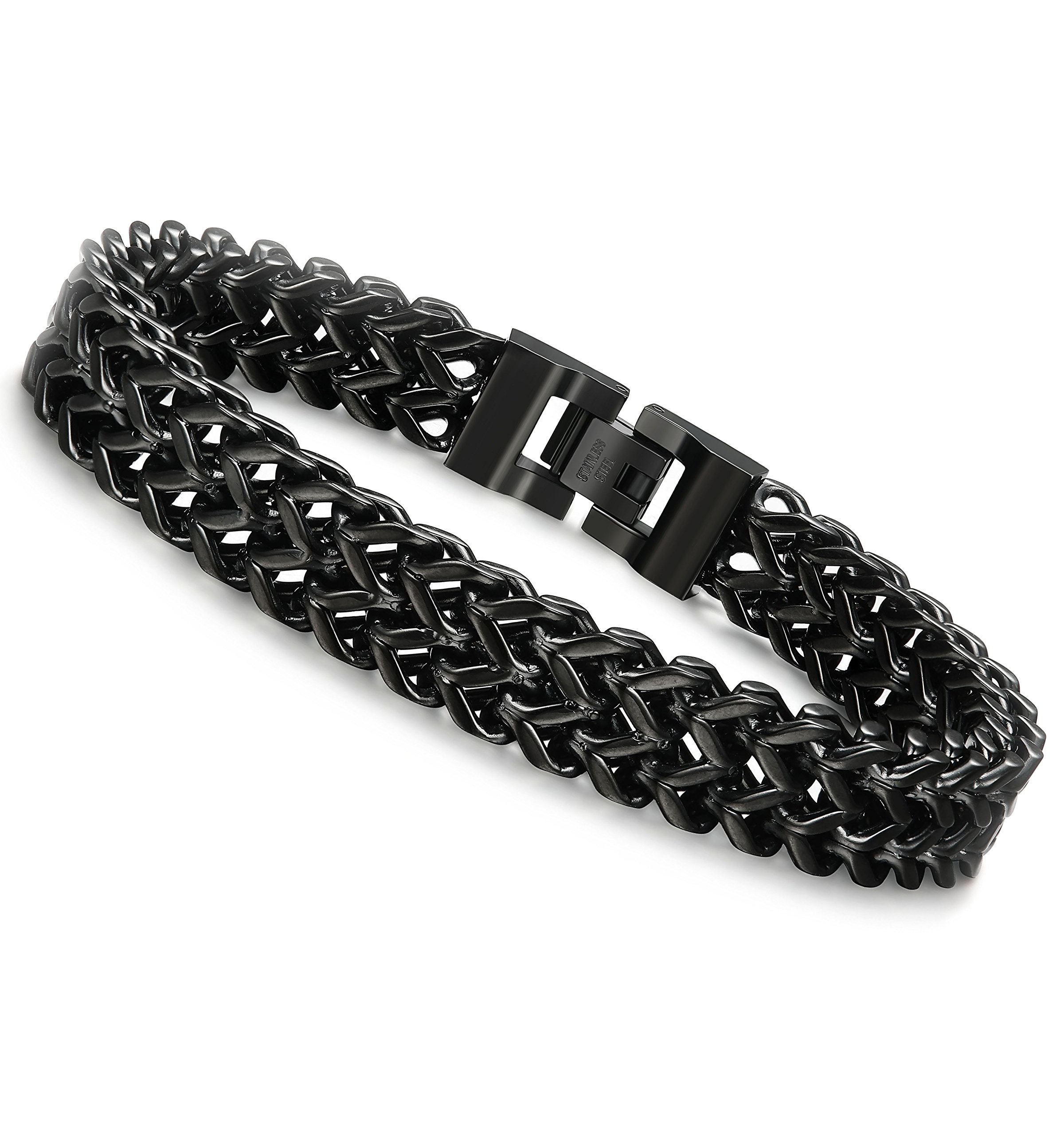 FIBO STEELStainless Steel 12MM Two-strand Wheat Chain Bracelet for Men Punk Biker Bracelet,8.0-9.1 inches