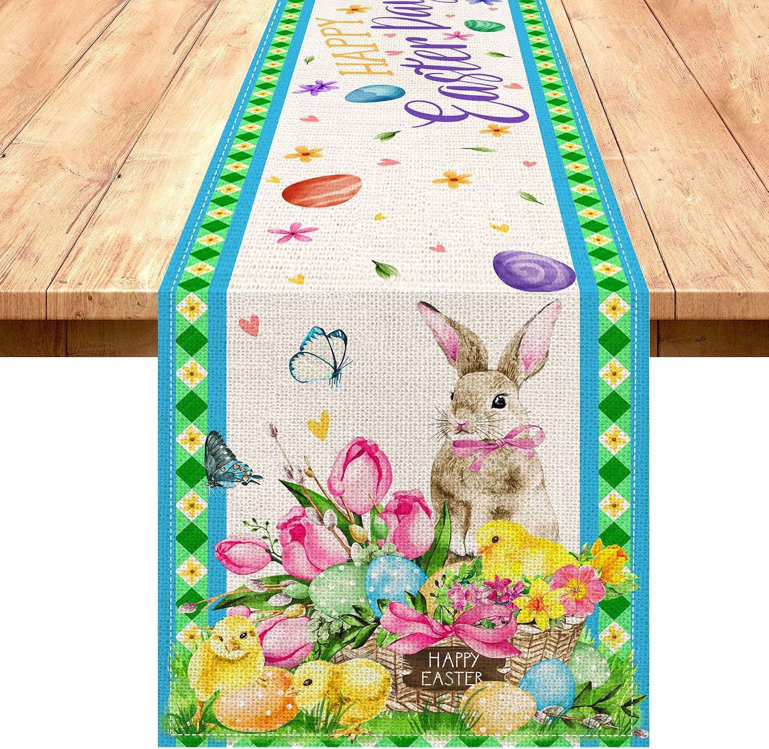 Easter Table Runner 72 Inches Long x 13 Burlap Linen Bunny Eggs Religious Holiday Seasonal Spring Flowers Green Buffalo Plaid Kitchen Coffee Dining Party Rustic Farmhouse Easter Table Runners