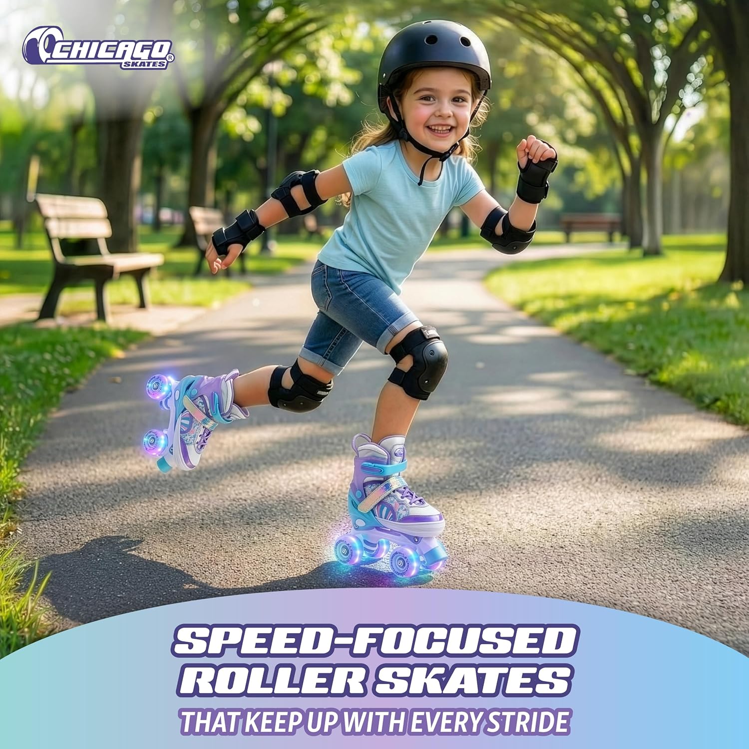 Chicago Skates Glitzy Kids Roller Skates - Adjustable Roller Skates Girls Boys, Light-Up Wheels, Durable Beginner Quad Skates with Front Stopper, Comfortable, Smooth Rolling, Indoor Outdoor, Age 3+