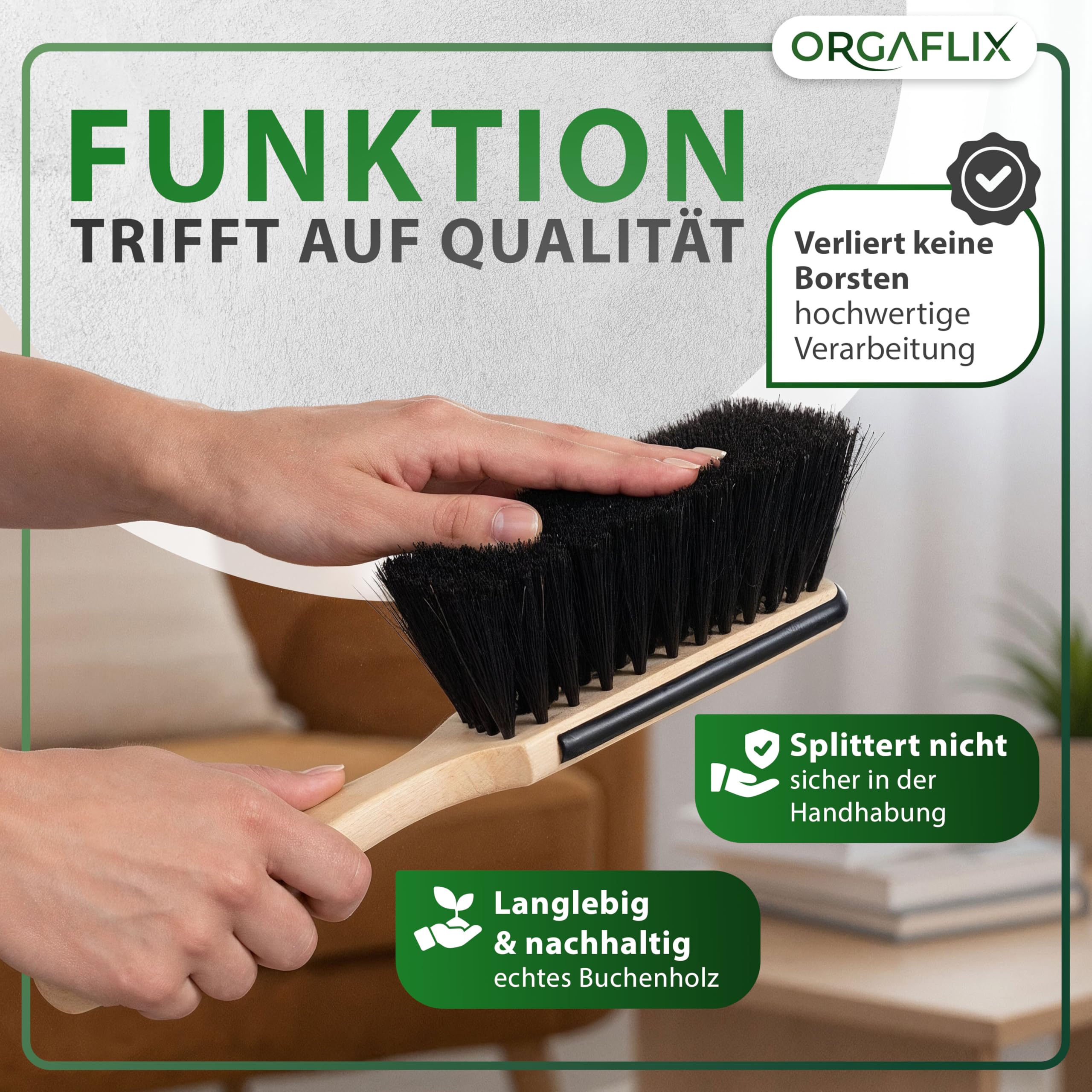 ORGAFLIX Premium Zestaw miotły z uchwytem i szczotki ręcznej - zestaw do zamiatania z mieszanką włosia konia, dodatkowo odpylający, gwint ocynkowany 24 mm, uchwyt miotły regulowany 60–130 cm