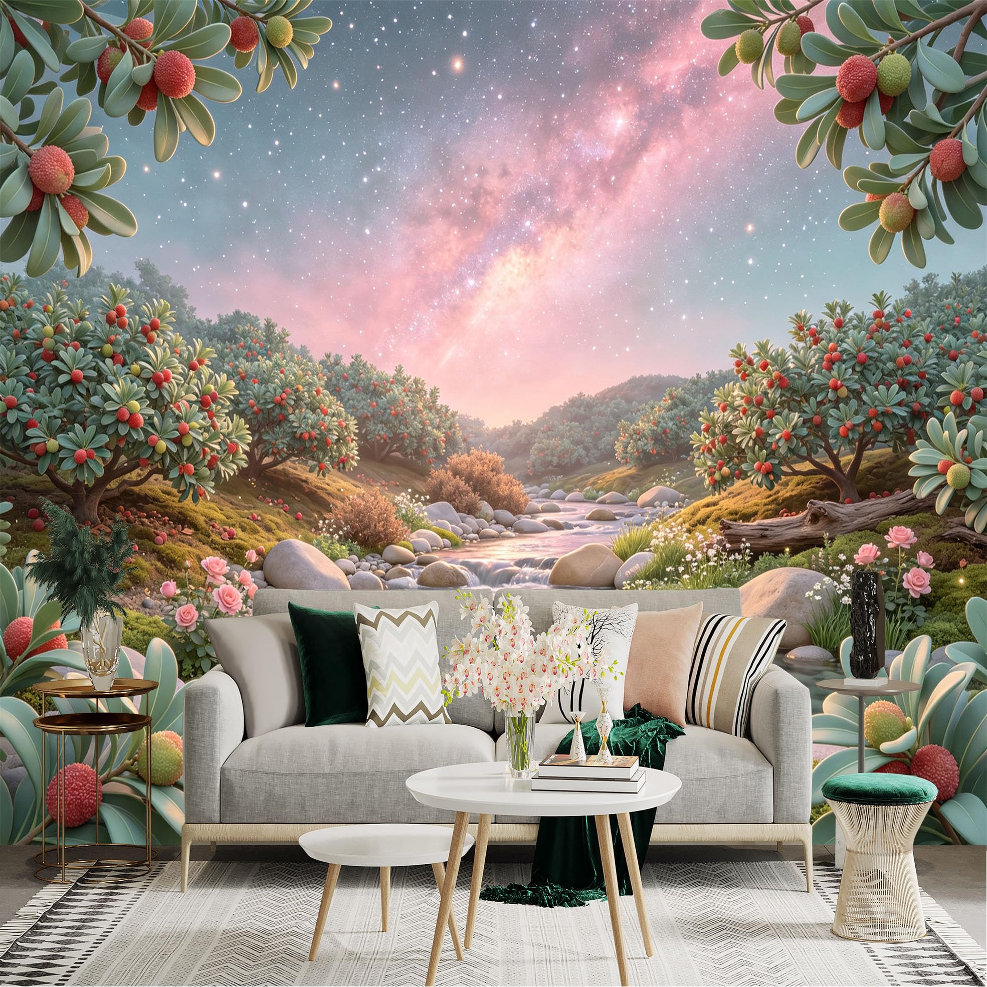 Lnzczhyre Bh260719259 Custom Size Wall Sticker Mural， Milky Way Over Fruit Orchard， Scenic River Landscape， Lush Garden With Wildflowers， For Wall Decoration， Peelandstick Wall Decals.