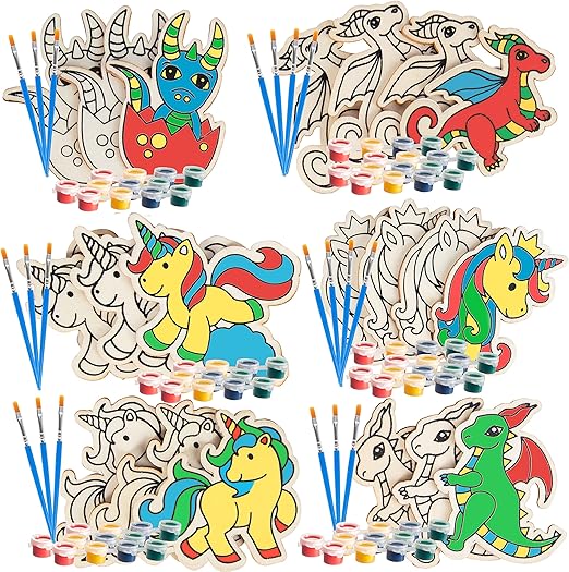Kids Party Wood Painting Craft Kits (20ct) -Unicorns & Dragons- Each Kit Has its Own Brush, Paint, & Figure- Unique Birthday Party Activity, Favors or Classroom School Summer Camp Activity, Gift