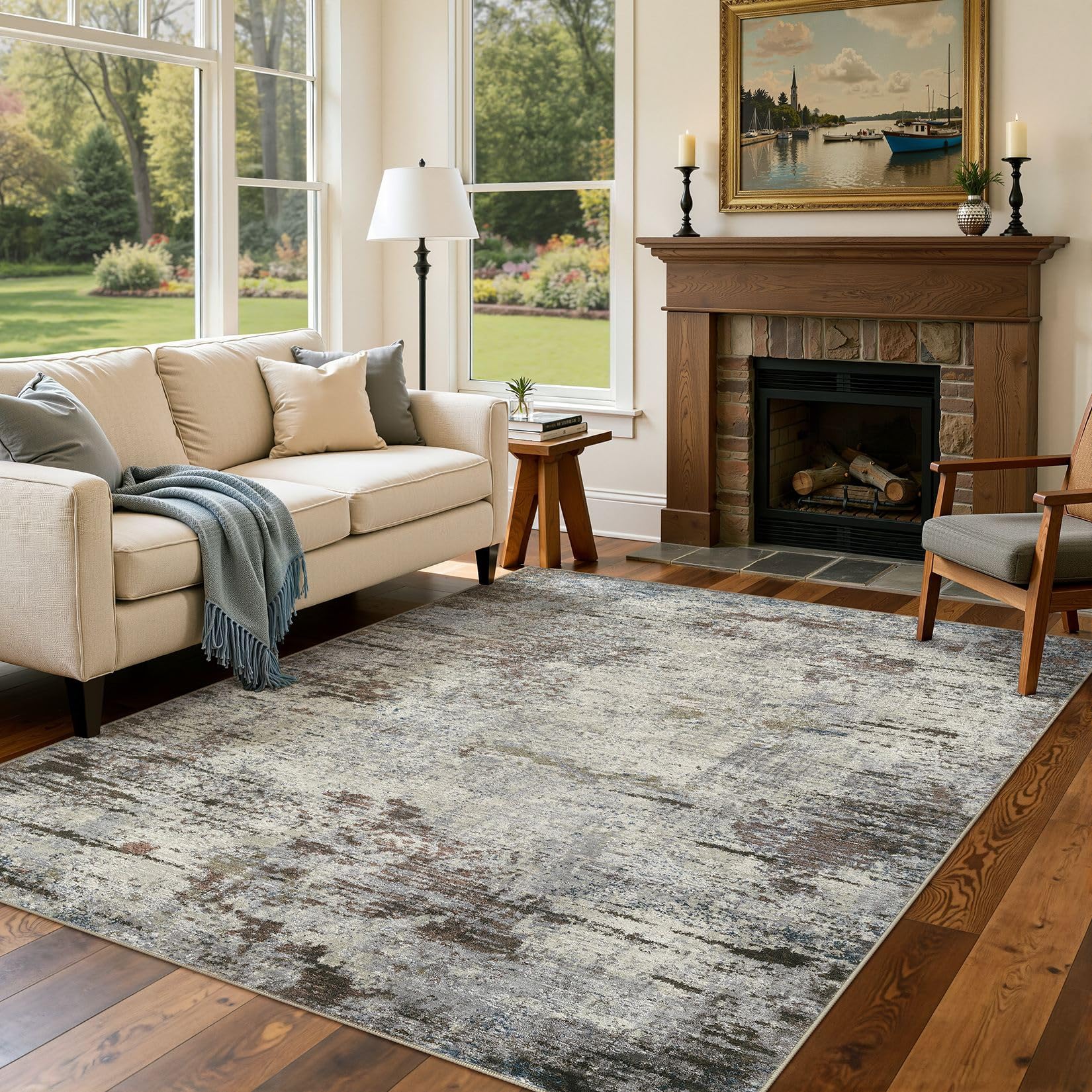 DMOYEST Washable Rugs Living Room 160x230cm - Large Abstract Neutral Modern Soft Non Slip Low Pile Kid Pet Friendly Carpet for Bedroom Dining Home Office - Brown Rus — image 1