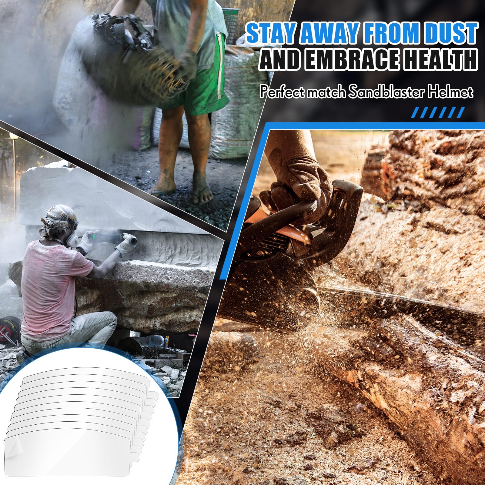 Kingdder 20 Stück Sandstrahlhaube Ersatz Außenlinse Air Feed Sandstrahl Helm Visiere Klare PVC-Folie Schutzlinsenschutz für blaues Sandstrahlen ausgestattet