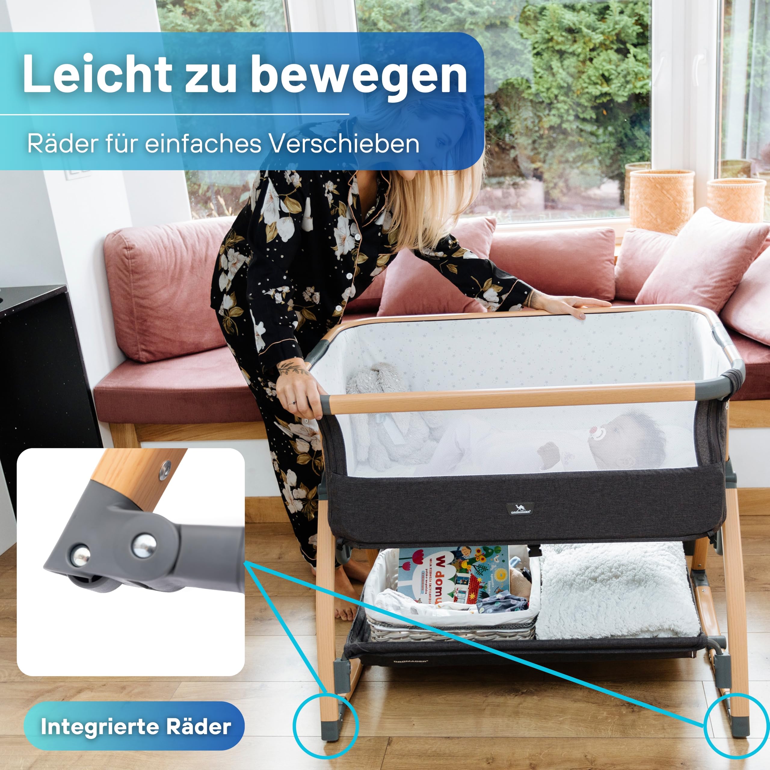 DROMADER Beistellbett Baby 3in1 - Babybett, Babywippe, Reisebett Baby mit Matratze, 0–6 Monate, max 9kg – Stubenwagen mit 7 Höhenverstellungen, Wiegefunktion, Atmungsaktives Netz – Tragetasche