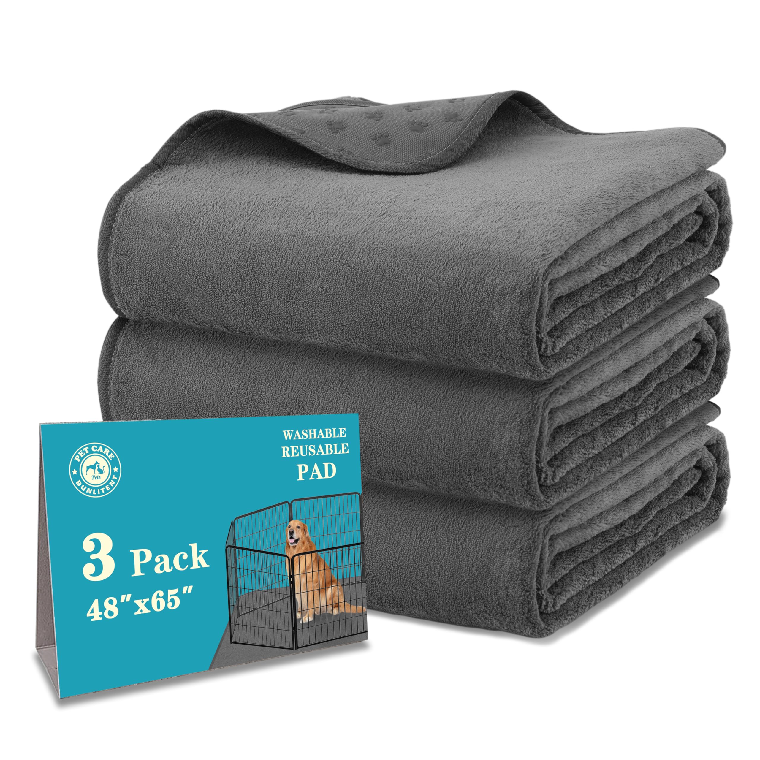 Photo 1 of Bunlitent Washable Pee Pads for Dogs 65'' x 48'', 3 Packs Extra Large Reusable Dog Mat with Quick Dry, Fast Absorbent Pet Whelping Pads, Puppy Playpen Mat for Incontinence, Housebreak, Crate, Grey