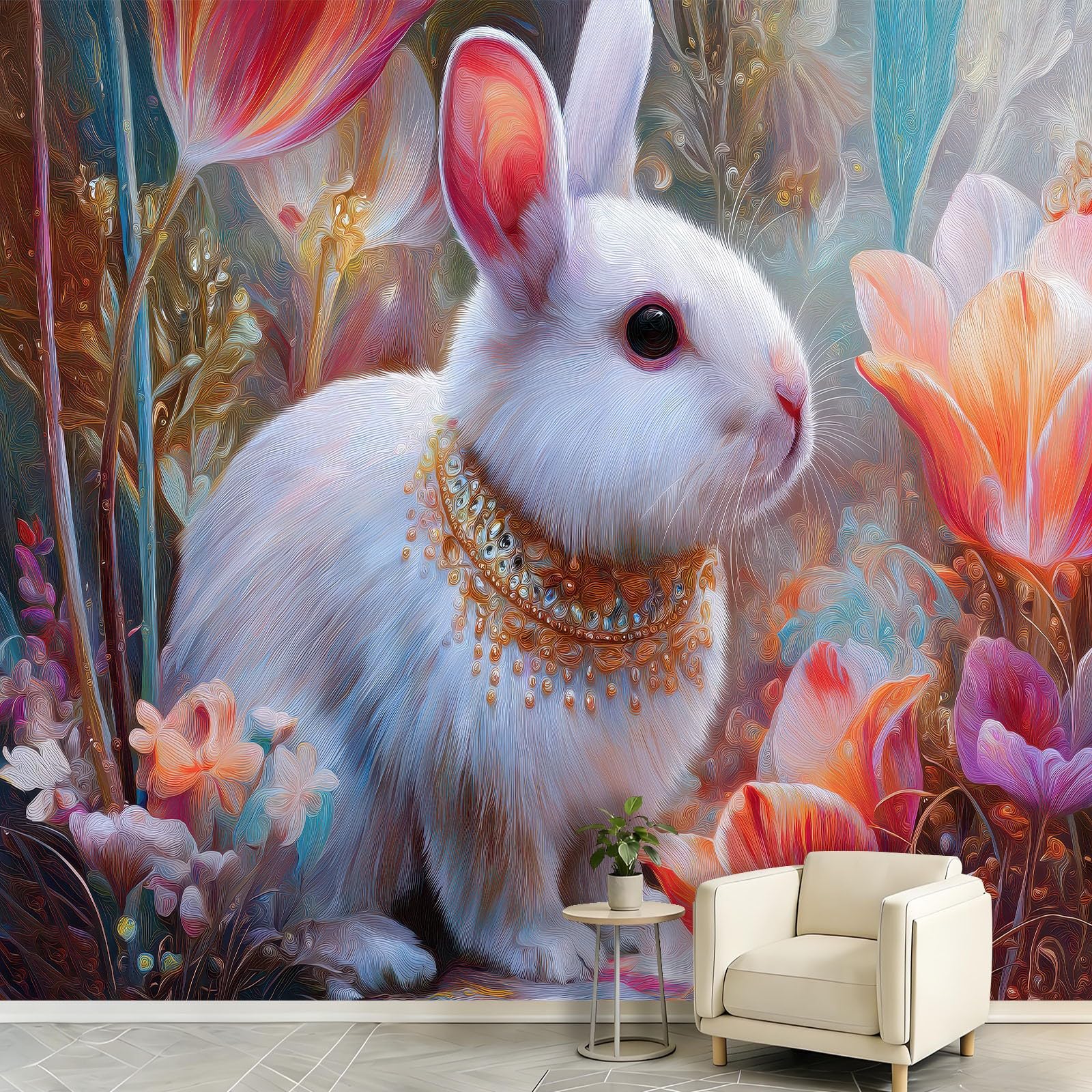 Générique Tapeta 3D z kwiatami tulipana królika 200 x 140 cm | Panoramiczna tapeta z kreskówkowymi zwierzętami | Dekoracja ścienna do salonu, sypialni, kuchni i łazienki | Plakat