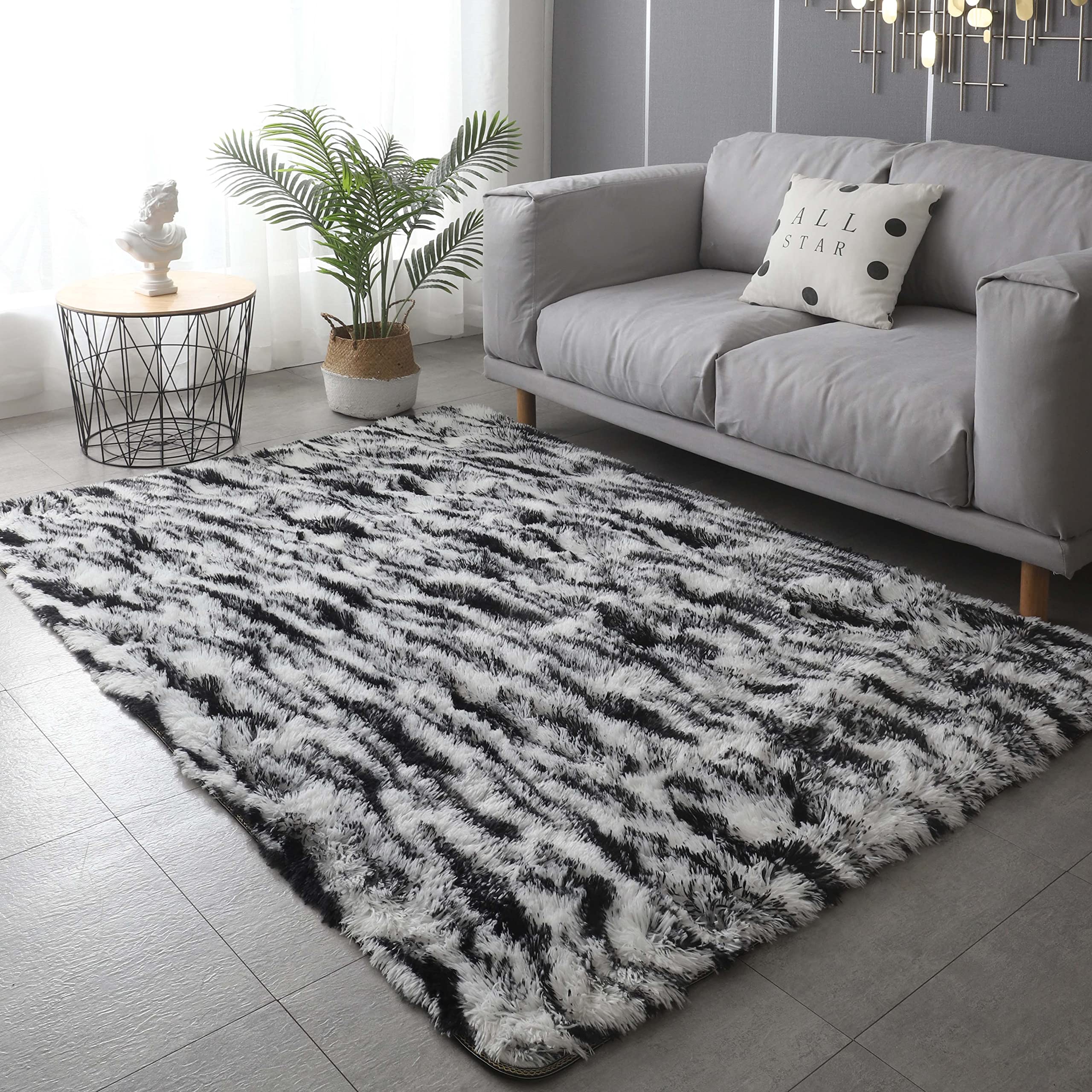Gefosin Luxury Shag Rugs for Bedroom Living Room, 4x5.2 Feet Tie Dye Fluffy Bedside Rug for Bedroom, Large Non-Slip Carpet Washable Ideal Home Decor, Black White Zebra Stripes