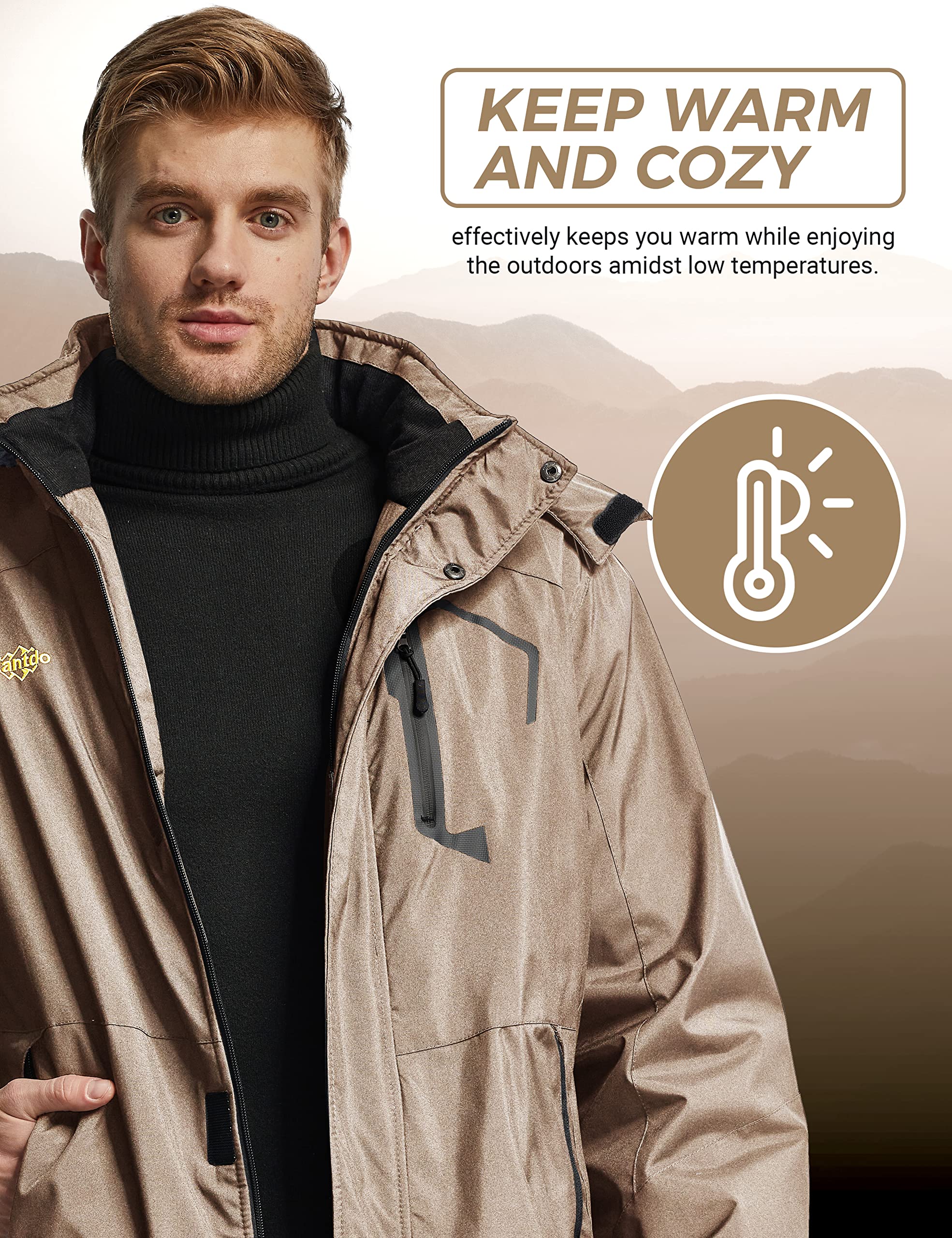 Wantdo Giacca da Sci Montagna Calda Invernale Parka da Neve Imbottita Cappotto da Snowboard in Pile Giubbotto con Cappuccio Impermeabile Uomo