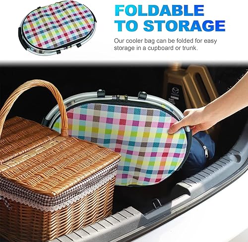 Miniatura 8 de LIQING - Cesta de picnic 25L, aislada, a prueba de fugas, con dos asas, plegable y fácil de llevar, con 4barras de soporte integradas, para compras,