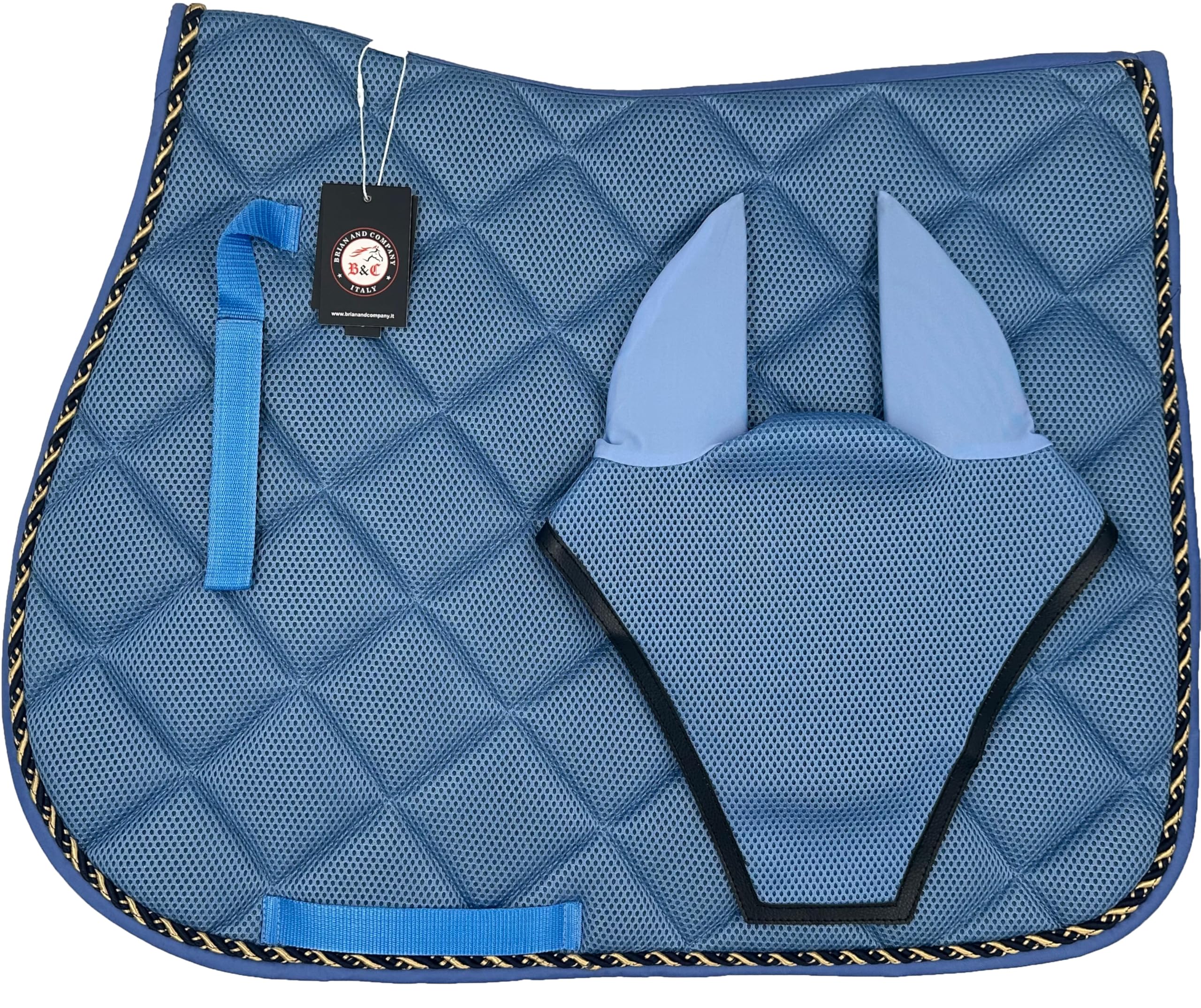 Sottosella Equitazione Traspirante, Lacci di Posizionamento con Chiusura a Strappo, Bordatura Elegante in Cordina Inglese, Completo di Cuffia Coordinata (AZZURRO, FULL)
