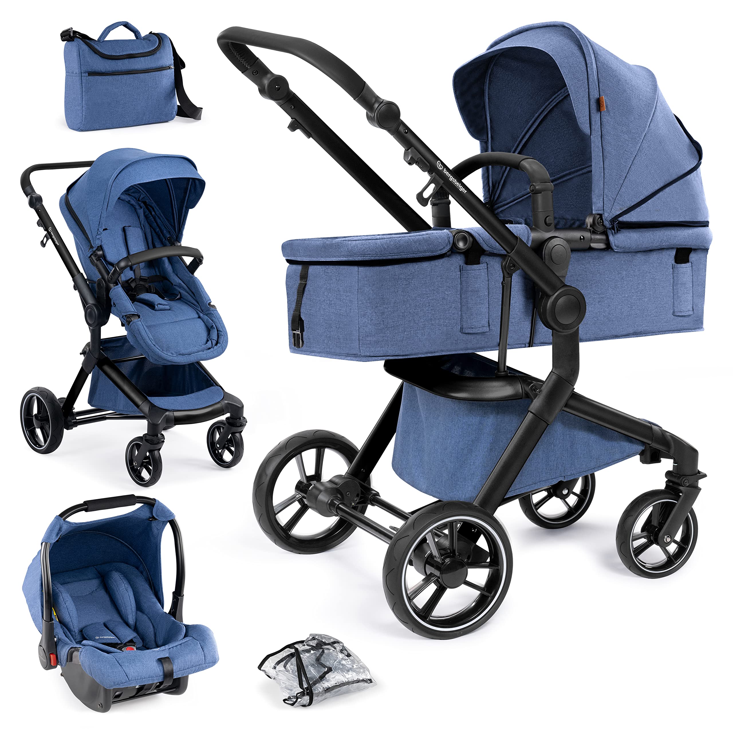 Bergsteiger Lugo 3in1 Kombikinderwagen Komplettset inkl Babyschale | Mobilität ab Geburt dank Babywanne Buggy Aufsatz Sonnenschutz und Wetterfußsack passend für die Isofix Station