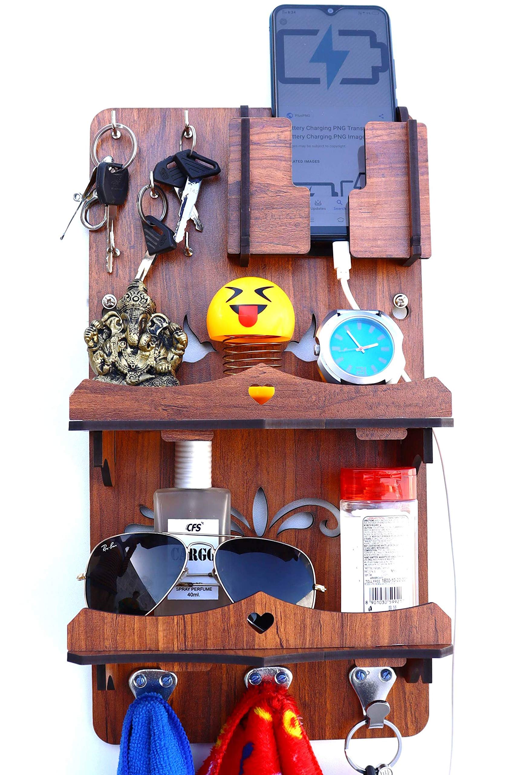 US DZIRE - THE BRAND OF LIFESTYLEUS DZIRE - THE BRAND OF LIFESTYLE 812 Wall Mounted Key Holder | Big Shelf & Cloth Hanger Storage Shelve | Organizer (Brown Natural Wood Teak)