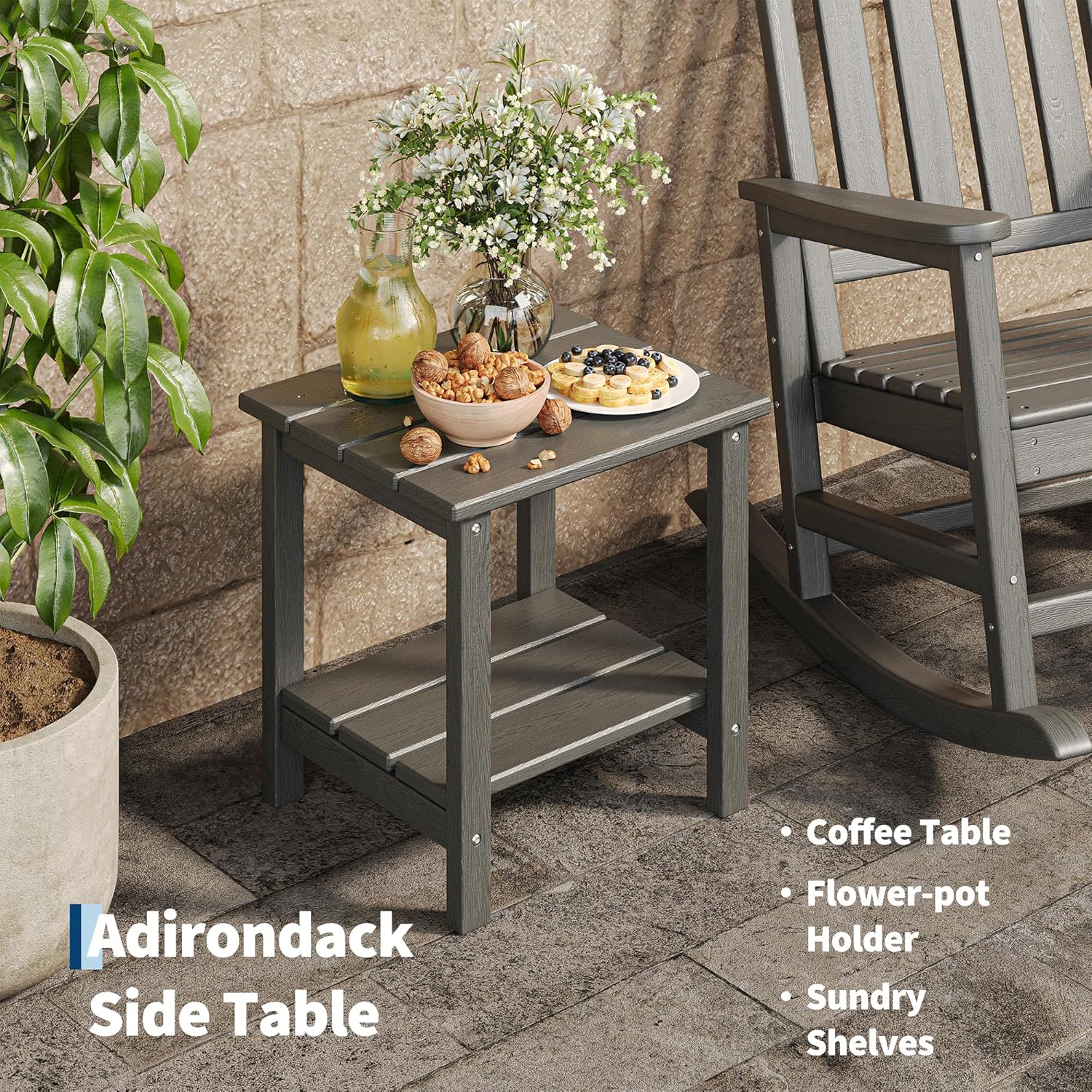 HDPE Rocking Chair Outdoor Set of 2 with Side Table - Poly High Back Porch Rocker Chairs for Adults - All Weather Resistant Furniture for Patio Front Porch - Gray