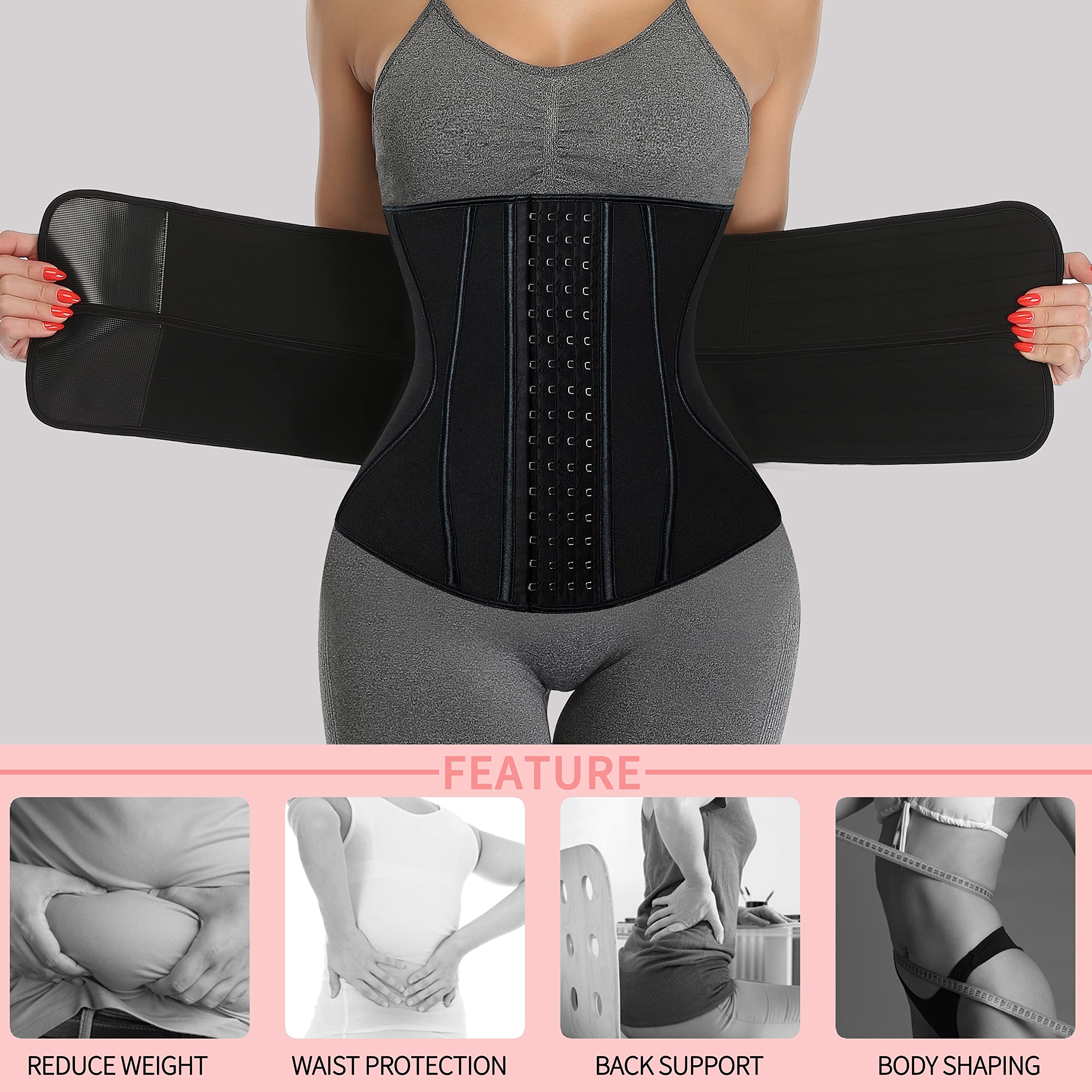 Neopren sauna trener talii gorset pas potowy dla kobiet trymer kompresyjny trening fitness wsparcie pleców - czarny - rozmiar M
