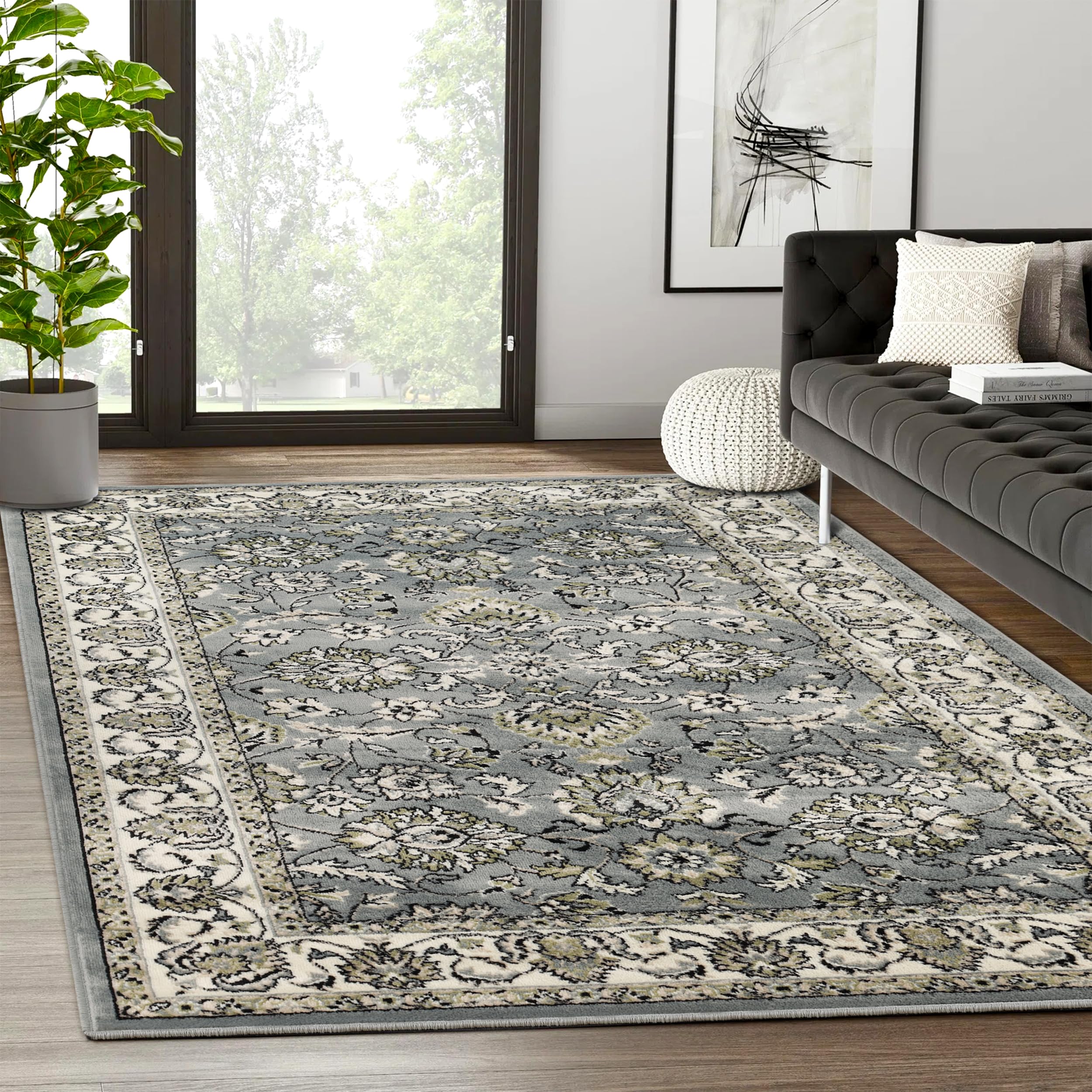 Superior Indoor Area Rug, with Jute Backing, Chic Bordered Floor Decor for Living Room, Bedroom, Office, Entryway, Kitchen, Dining, Floral Design, Lille Collection, 7' x 9', Cream