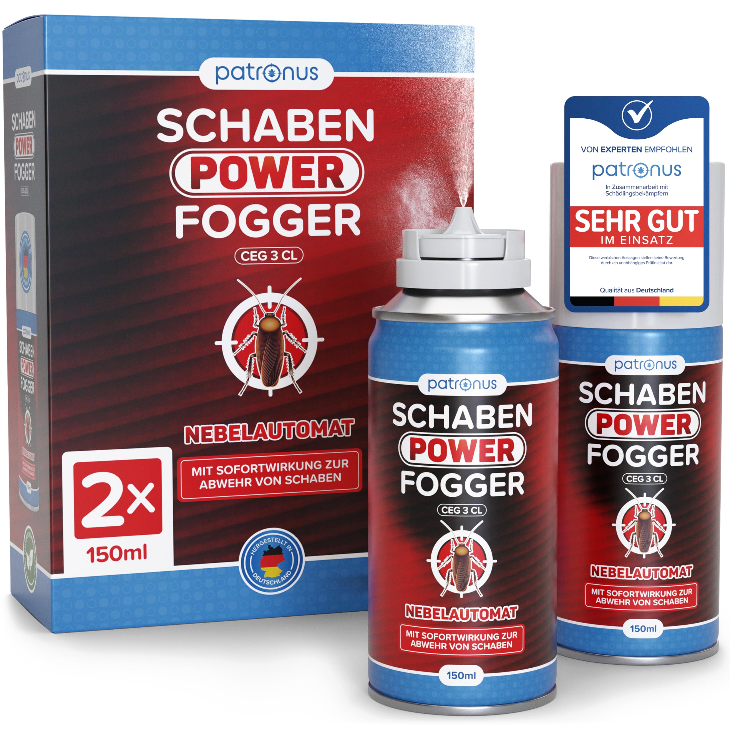 Patronus Schaben Power Fogger mit maximaler Sofortwirkung [2x 150 ml] | effektiver Vernebler zur Abwehr von Schaben & Kakerlaken, ideal für kleine Schaben-Verstecke - aus deutscher Produktion