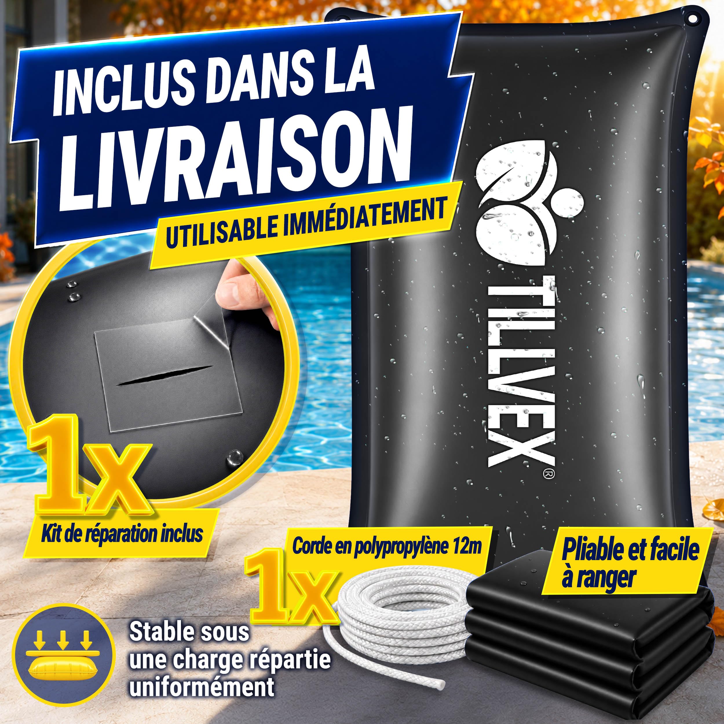 tillvex® Coussin Hivernage Piscine 2x2,4m + Corde 12m & Kit Réparation | Coussin d'air hivernage piscine, résistant gel & chlore jusqu'à -20°C | Valve à vis incluse | Protection piscine hiver