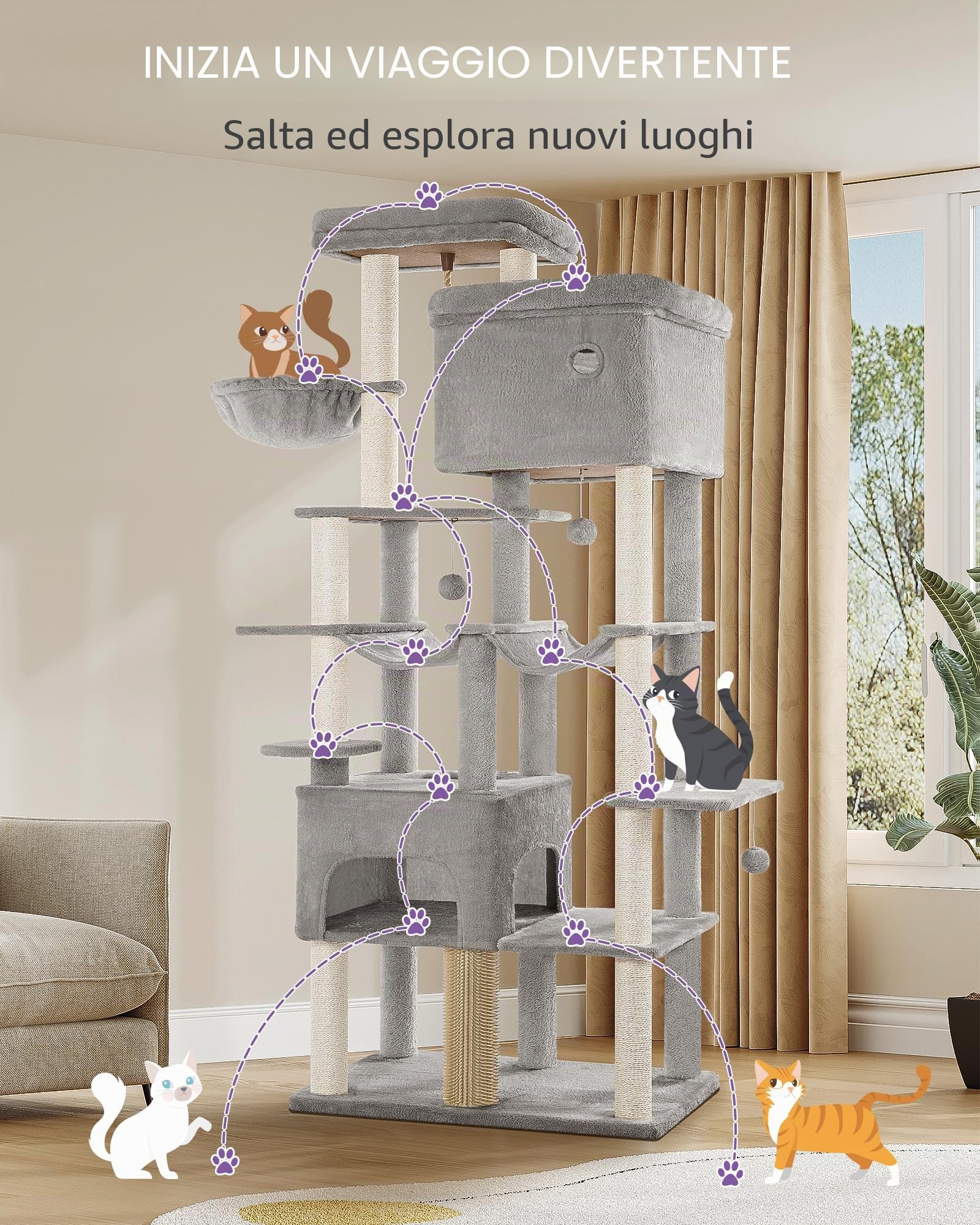 Hzuaneri Albero Gatto 200 cm Extra Large, Tiragraffi con 2 Cucce e 10 Sisal, Torre Resistente per Gatti Grandi Maine Coon, Include 2 Amache, Grigio Chiaro MS20018LG