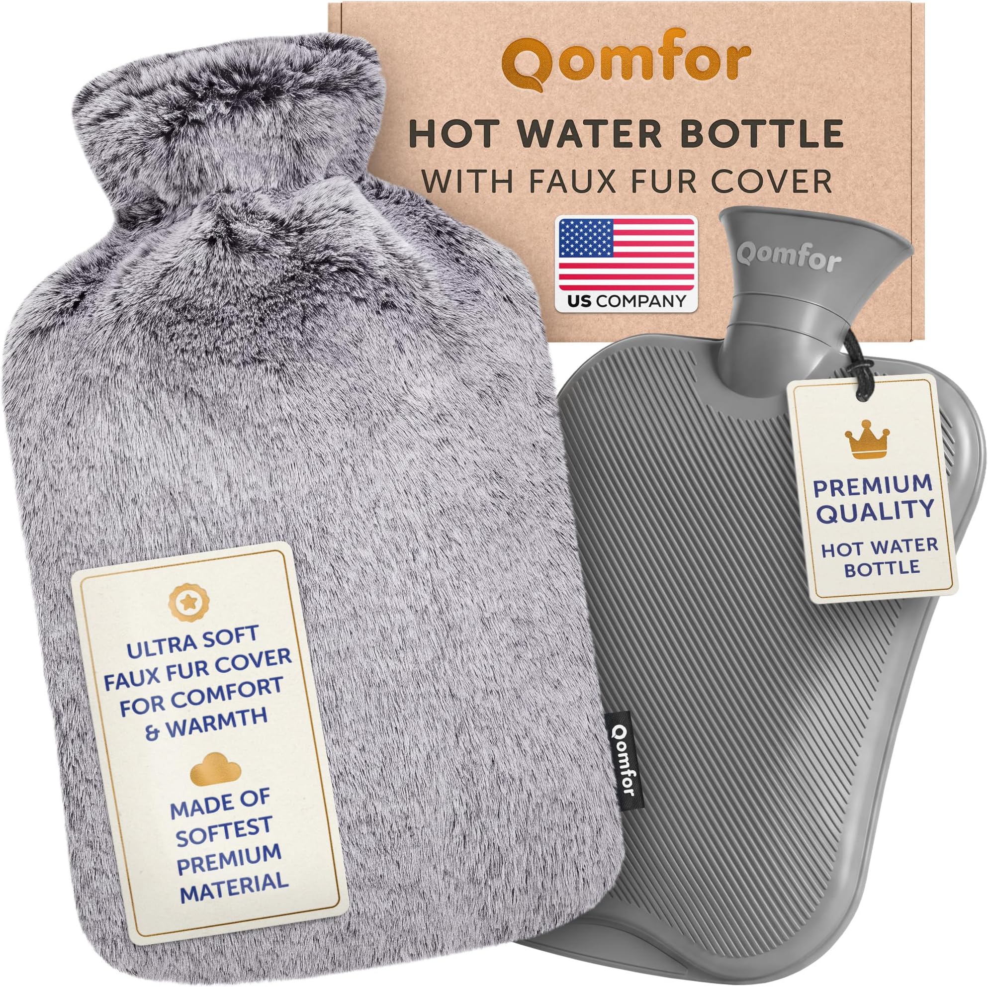 Hot Water Bottle with Soft Cover - 1.8L Large - Classic Hot Water Bag for Pain Relief, Neck and Shoulders, Feet Warmer, Menstrual Cramps, Hot and Cold Therapy - Great Gift for Women (Light Grey)