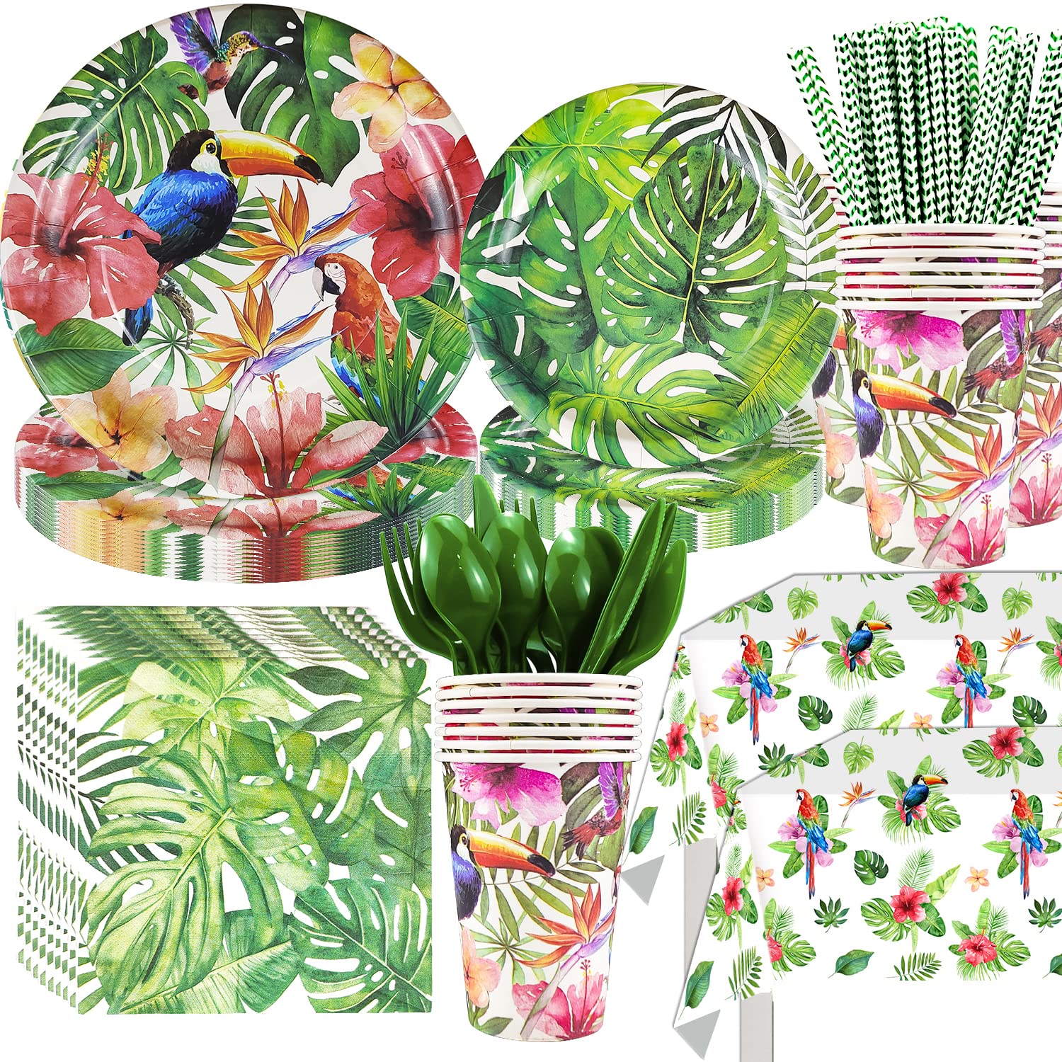 Hawaiian Luau Party Supplies Tableware - Aloha Tropical Party Dinnerware Include Plates, Cups, Napkins, Cutlery, Tablecloth, Straws, For Hawaiian Theme Birthday Party Decorations | Serves 24