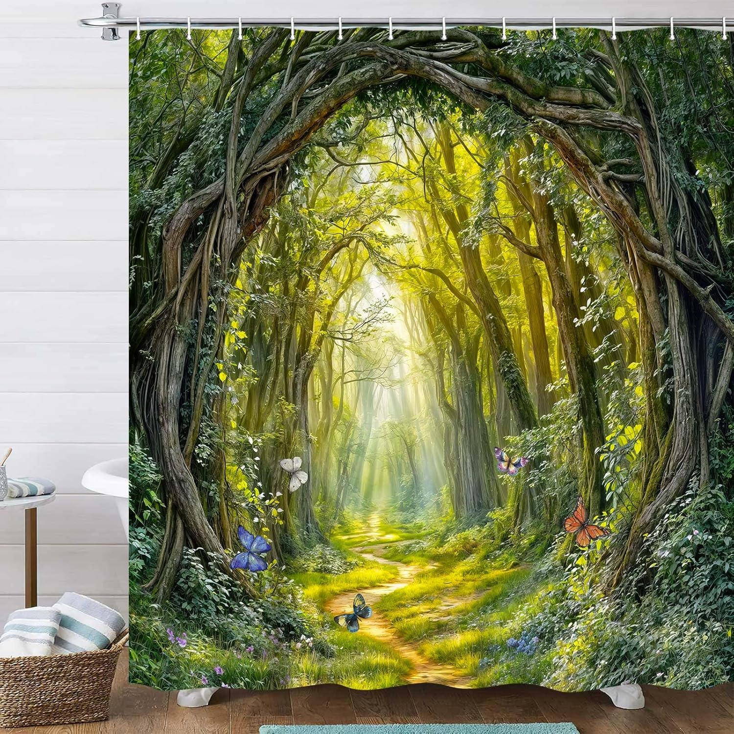 Green Tree Shower Curtain, Nature Forest Garden Shower Curtain, Outdoors Scene Shower Curtains for Bathroom, Enchanted Forest Scenic Bathroom Decor Sets with Hooks,72X75