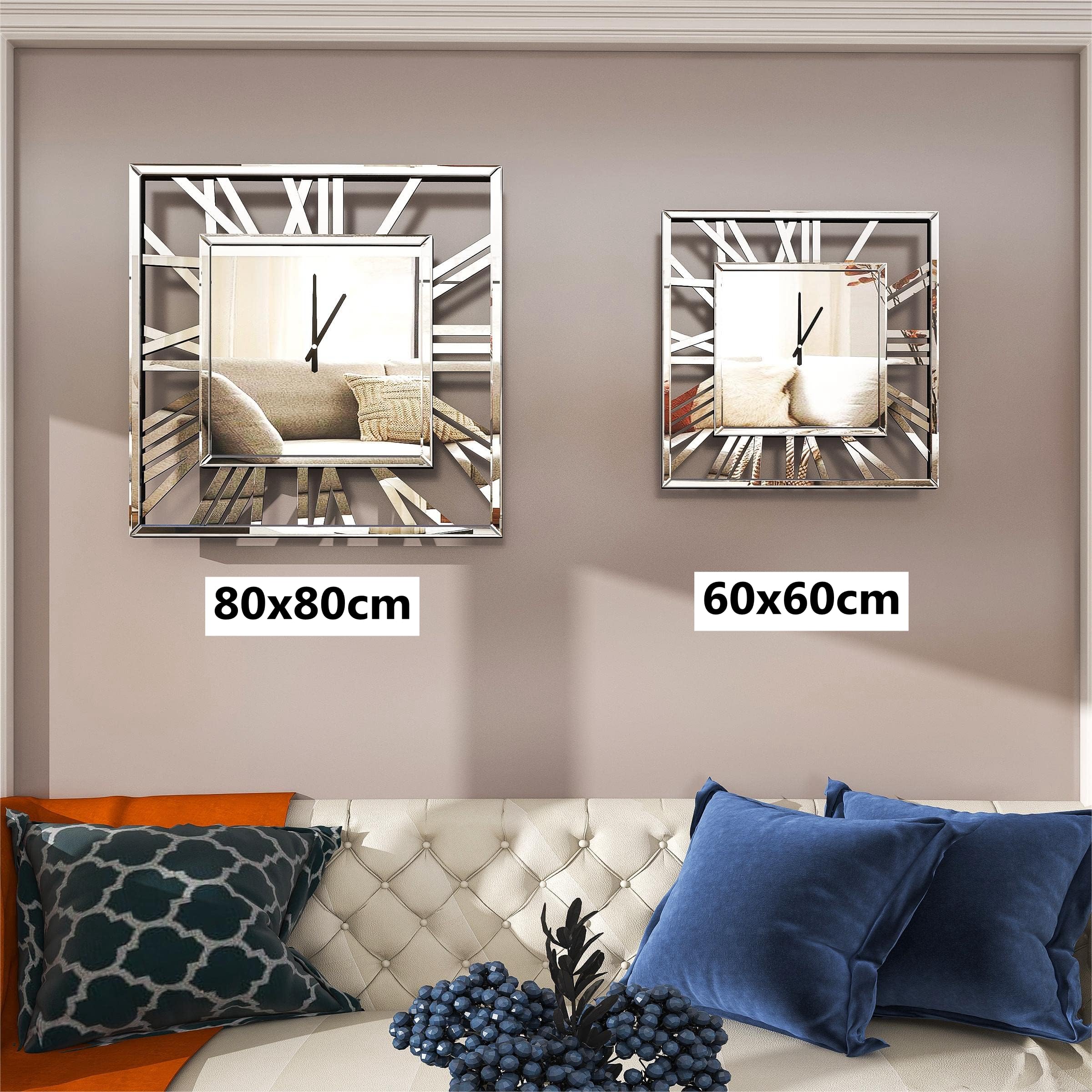 SHYFOY - Reloj de pared cuadrado grande y moderno, 60 cm, silencioso, casi sin tic-tac con pilas, espejo de cristal, números romanos, para sala de estar, dormitorio, cocina, decoración de pared