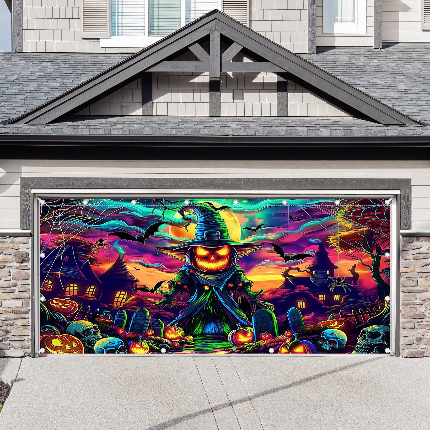 Swepuck 1PC 16x7ft Halloween Evil Pumpkin Garage Door Banner Decorations Skull Cemetery Photography Backdrop Home Outdoor Wall Cover Spooky Party